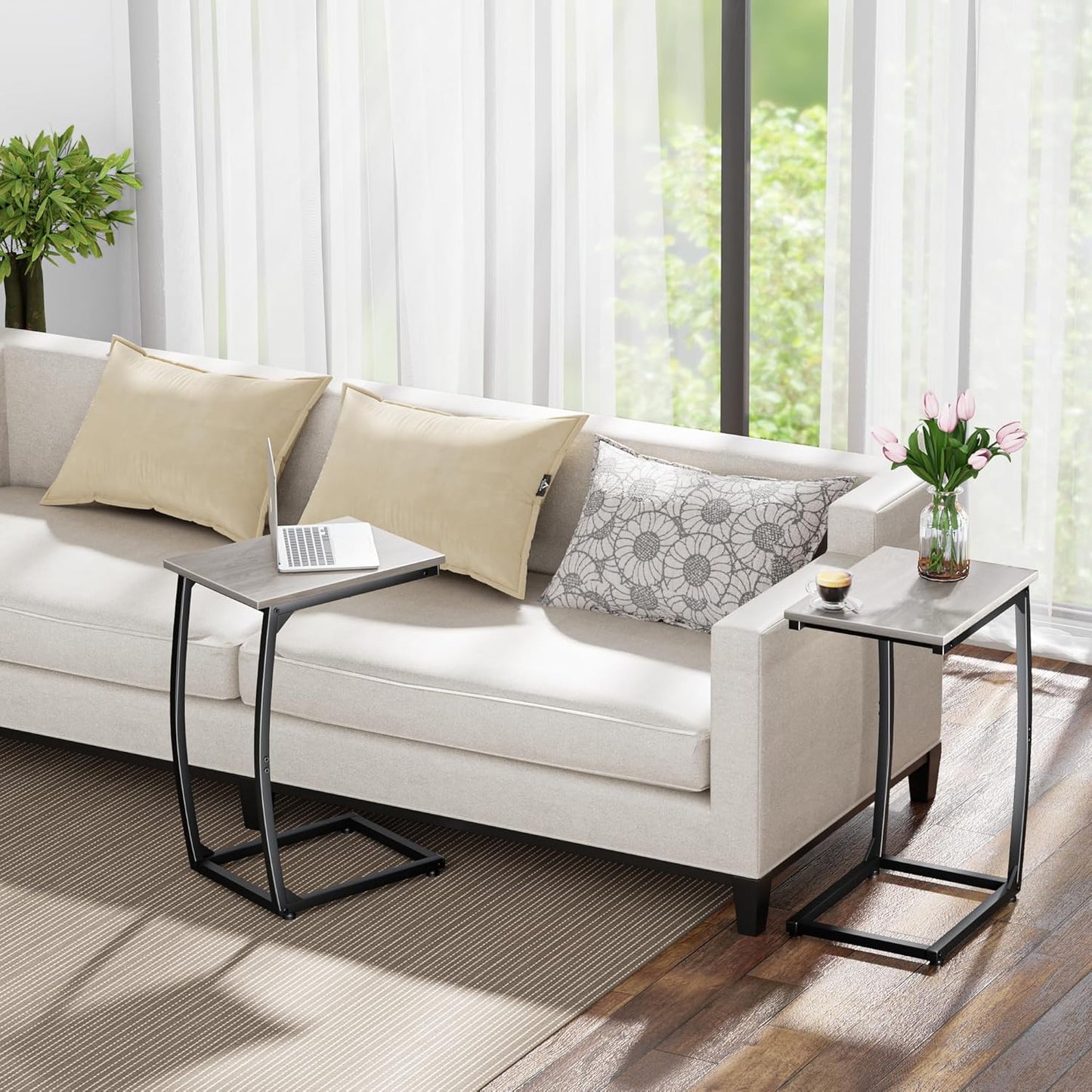 C-Shaped End-Table Set of 2 - Side Table for Couch,Curved Support Legs, Slide Under Couch Table for Sofa, TV Tray Table for Living Room Bedroom(Lvory)