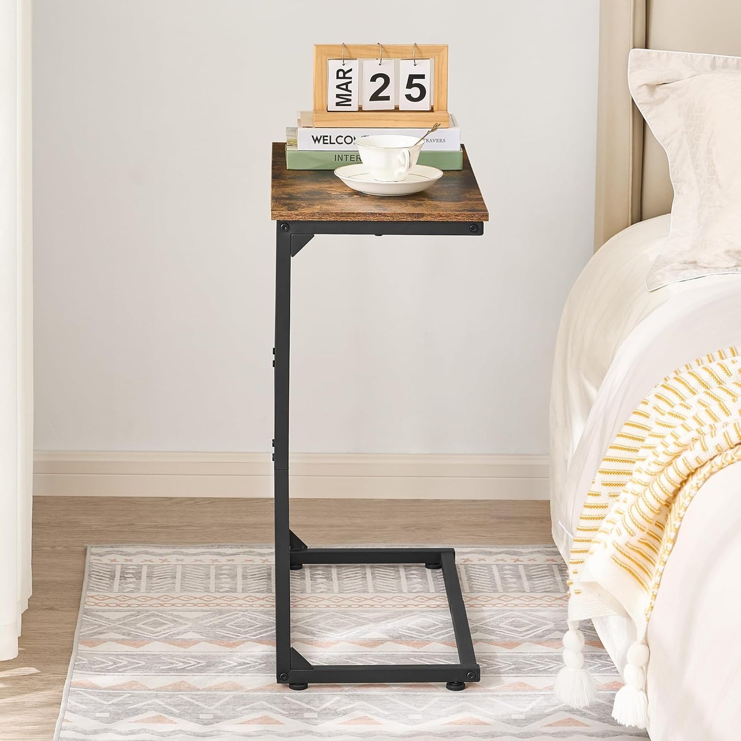 C Shape End Table, Large Surface Couch Table, C Table Sofa Side End Table, Side Table for Couch Slide Under, for Living Room, Bedroom, Home Office, Rustic Design, 21.7" D x 11.8"W x 26.4"H