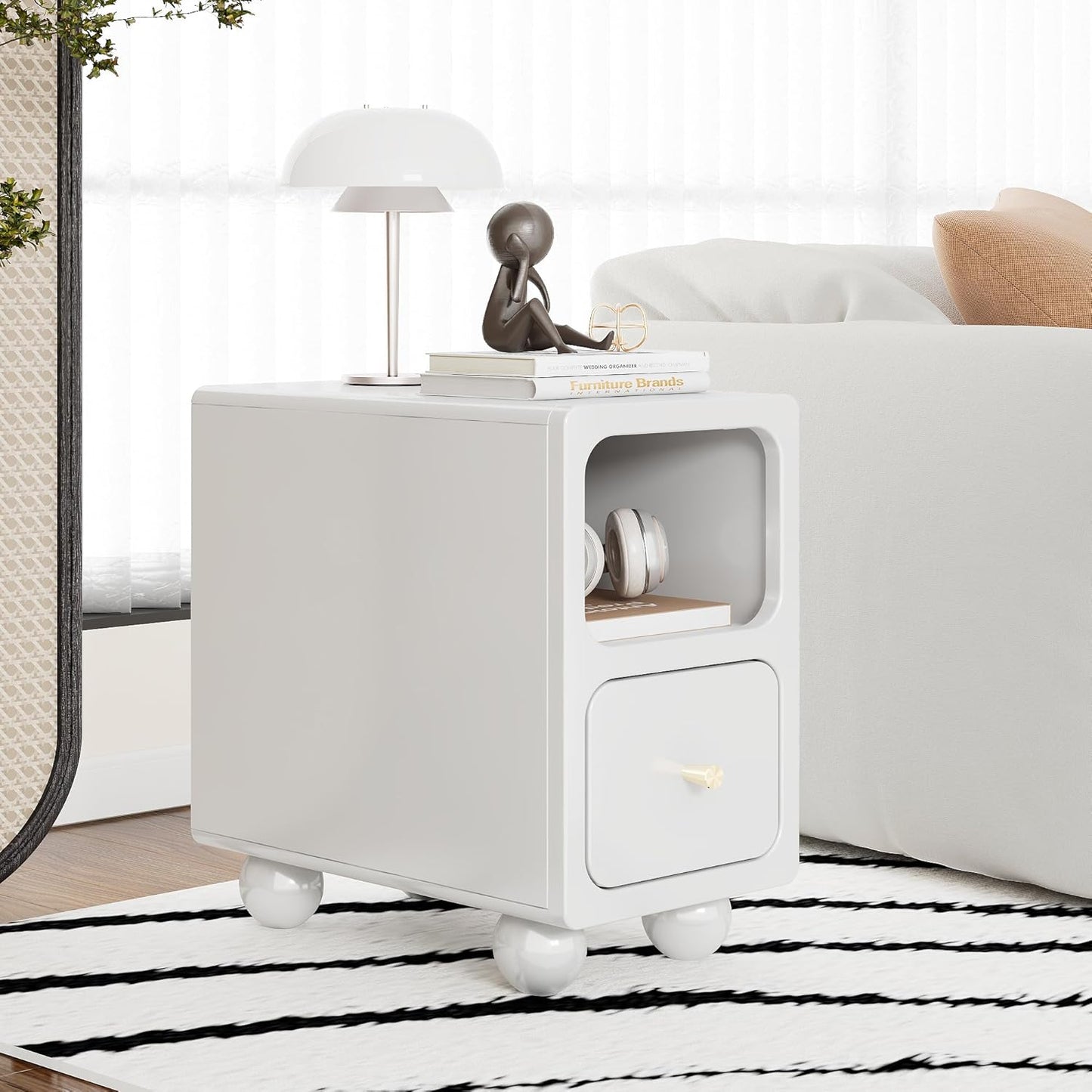 Solid Wood Night Stand, Narrow Nightstand with Drawers, White Mid Century Modern Nightstand, Small Beside Table with Open Storage Shelf for Bedroom (10 inch)