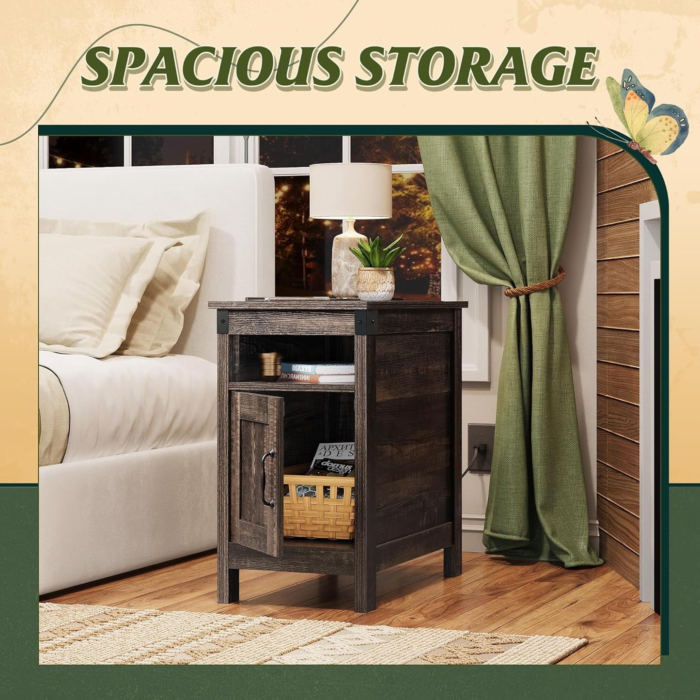 WLIVE End Table with Charging Station, Side Table with USB Ports and Outlets, Narrow Side Table for Small Spaces, Living Room, Couch, Nightstand with Storage, Brown