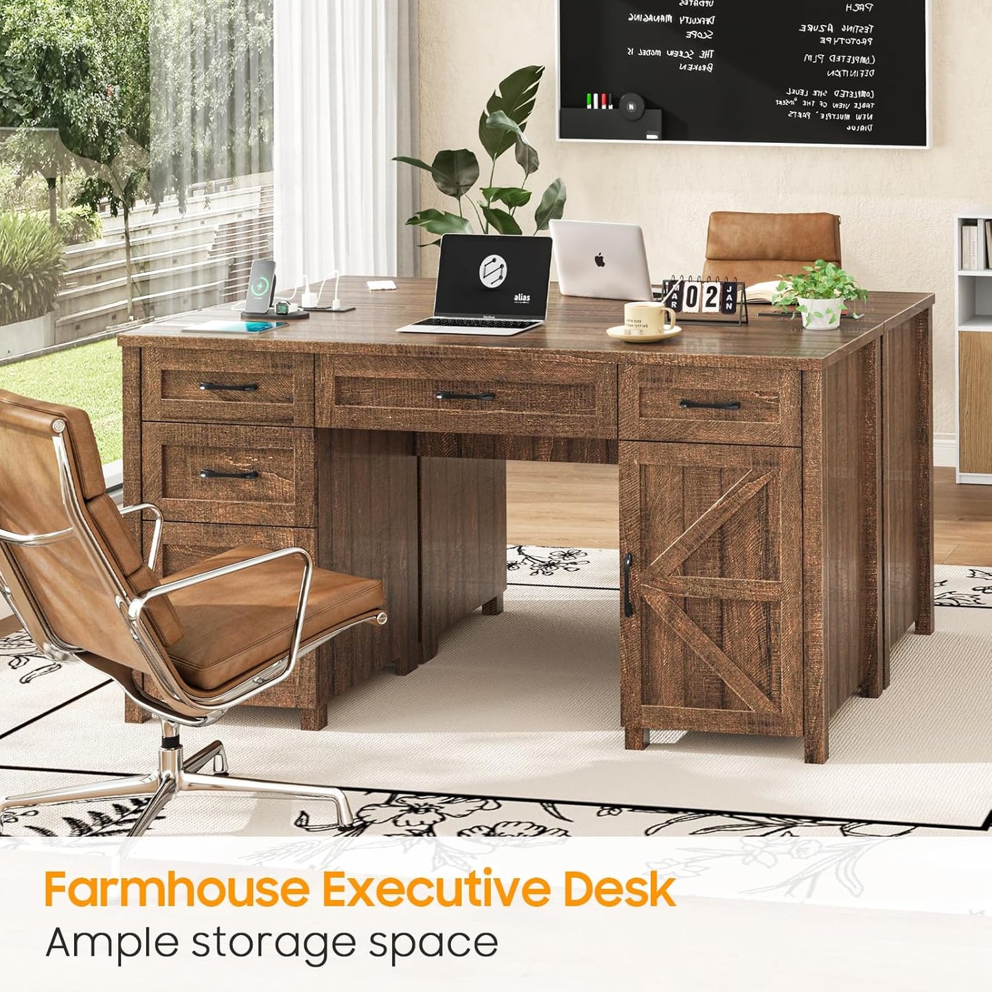 Farmhouse 61'' Executive Desk with 5 Drawers, Rustic Office Desk Computer Desk with Charging Station, File Drawers and Storage Cabinet, Wood Workstation for Study and Home Office, Red-Brown.