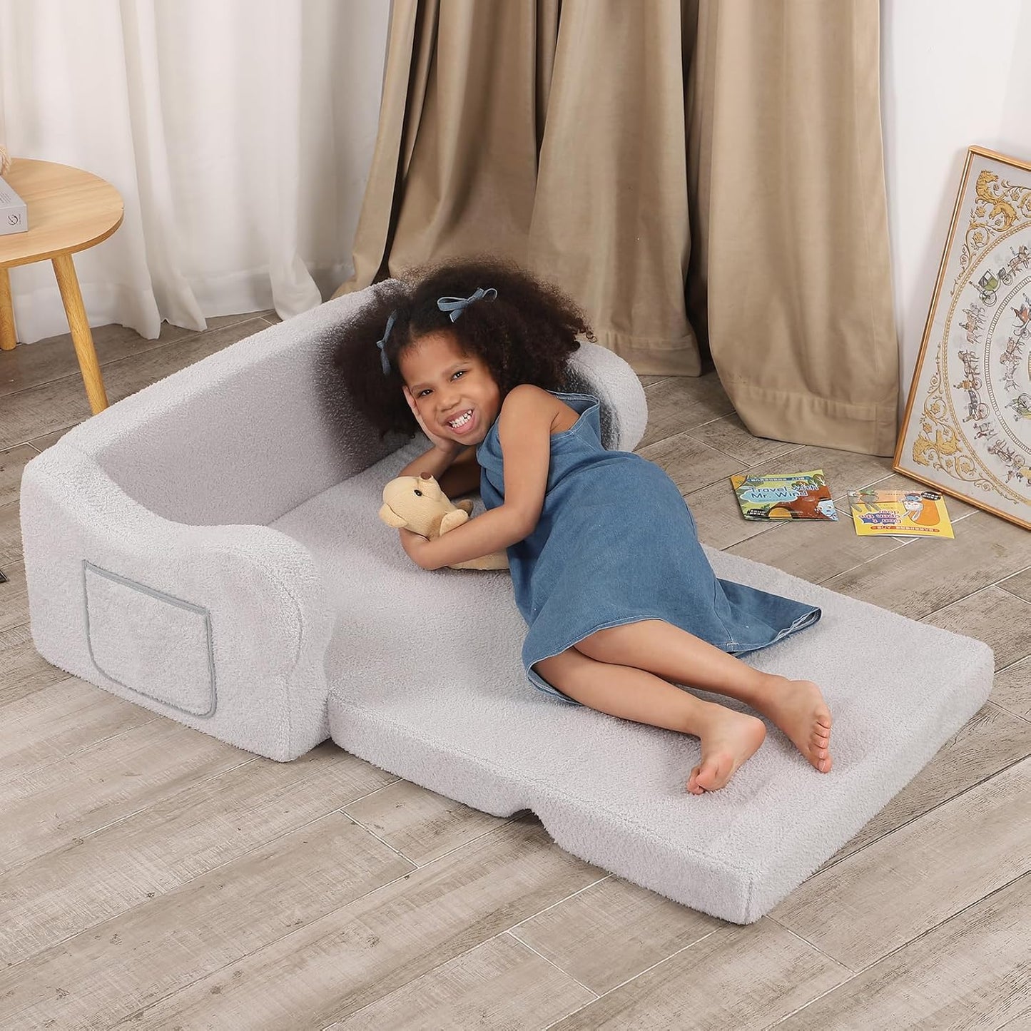 Extra Wide Toddler Chair, 2-in-1 Toddler Couch Fold Out, Convertible Sherpa Sofa to Lounger for Boys & Girls, Grey