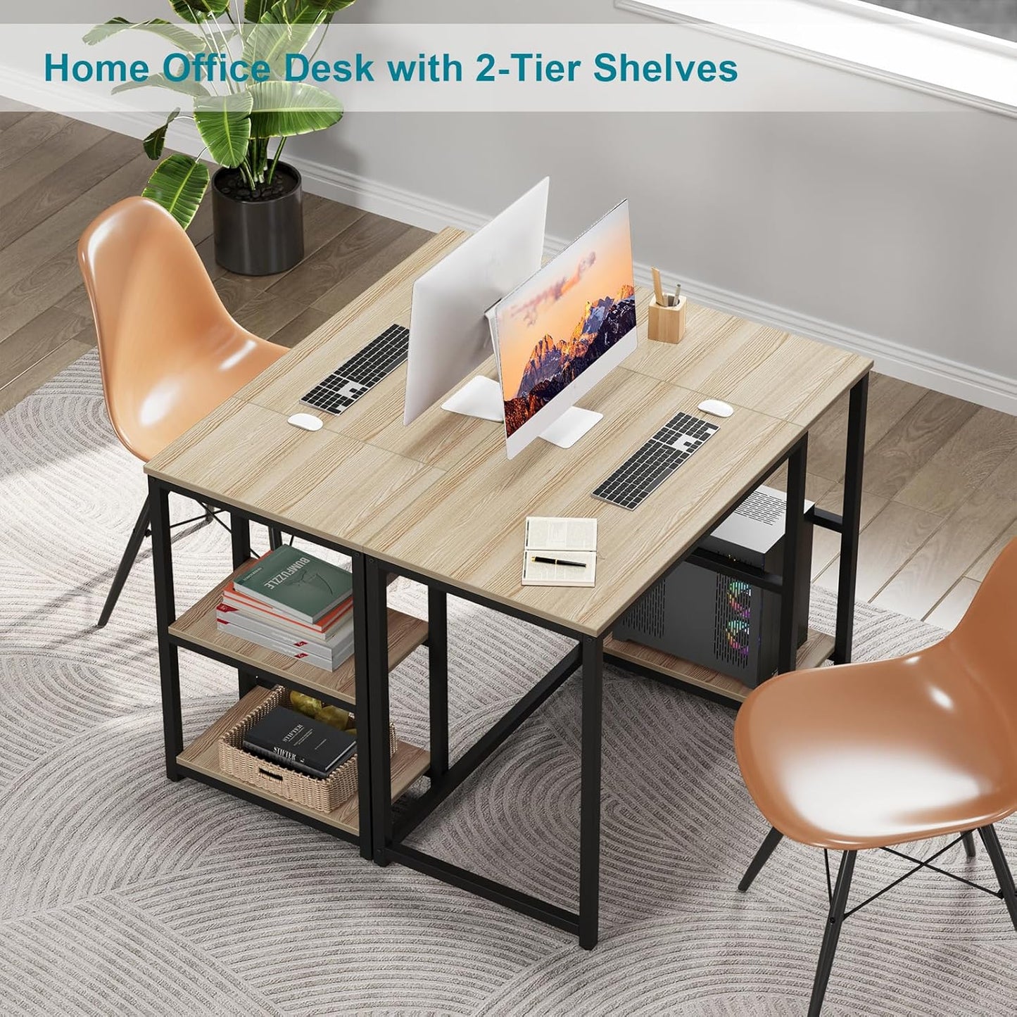 SINPAID Computer Desk 47 inches with 2-Tier Shelves Sturdy Home Office Desks with Large Storage Space Modern Gaming Desk Study Writing Laptop Table, Oak