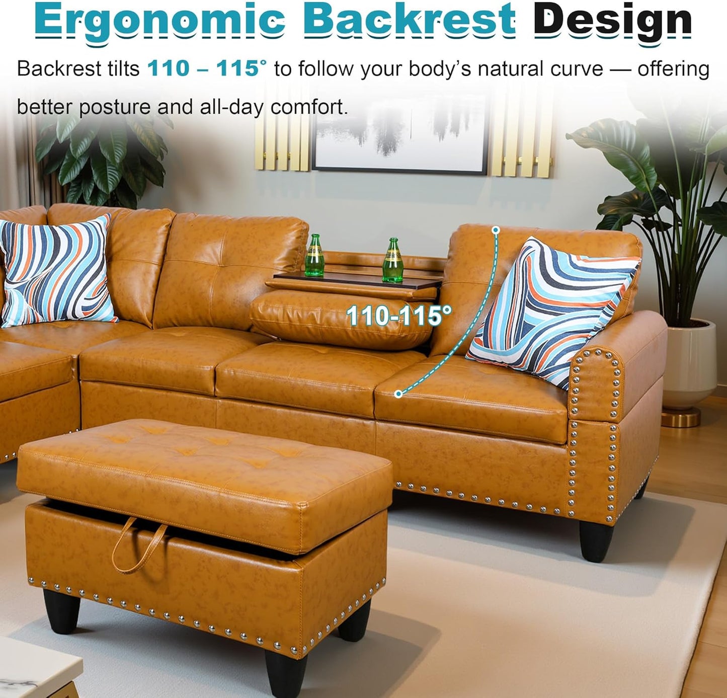 97.5" Oversized Sectional Couch, L Shaped Couch with Storage Ottoman, Modern Modular Sofa with Deep Seat, Sectional Couches for Living Room and Office, Ginger (PU Leather)