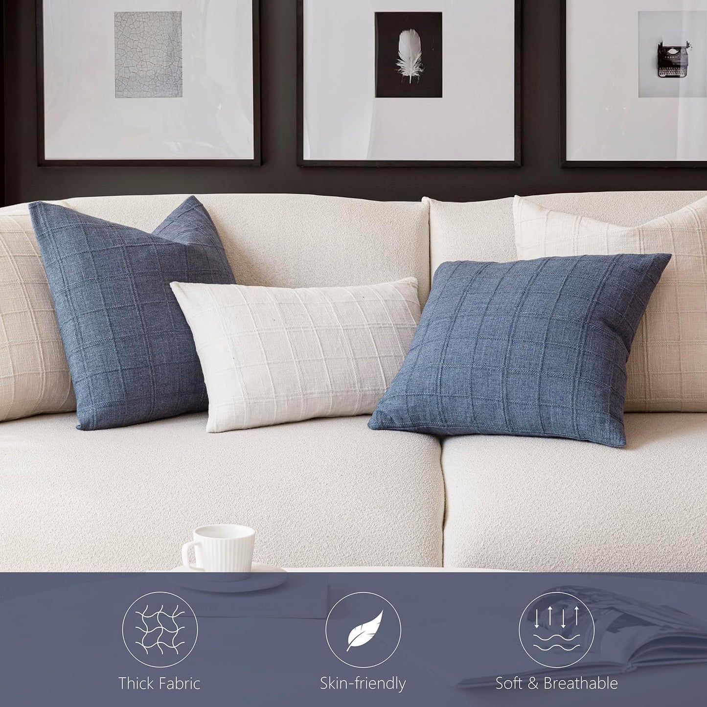 Foindtower Set of 2 Decorative Linen Check Throw Pillow Covers Neutral Farmhouse Vintage Cushion Covers Modern Coastal Boho Home Decor for Sofa Chair Couch Bedroom Living Room Outdoor,26×26 Inch,Blue