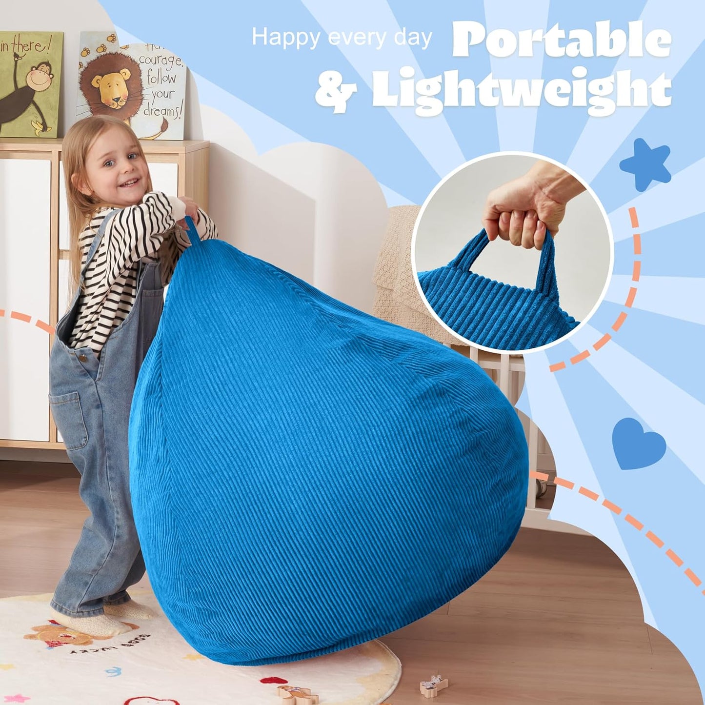 HABUTWAY 2 FT Bean Bag Chair,Giant Bean Bag Chairs,Big Bean Bags with Memory Foam Filled, Large Beanbag Chairs with Soft Corduroy Cover-Blue