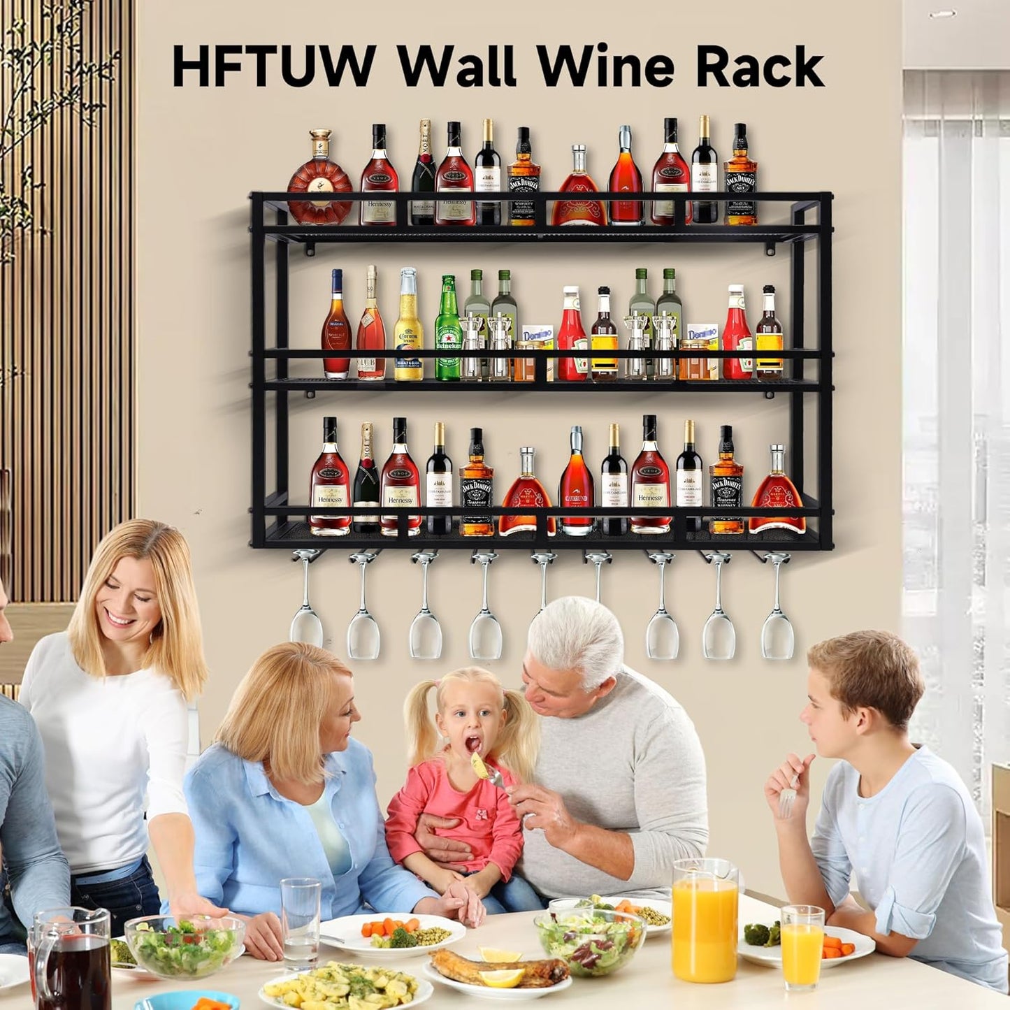 Metal Wine Rack Wall Mounted, Bar Shelves for Liquor Bottles with LED Light, 3 Tier Large Capacity Liquor Rack Wall Mounted with Glass Holder for Home Bar & Dining Room (Black, 71in/180cm)