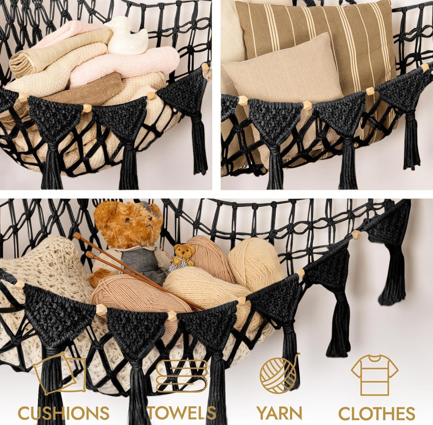 Macrame DreamLights Boho Stuffed Animal Storage Net Hammock Extra Large Plush Toy Storage Holder For Small Or Large Plushies BLACK