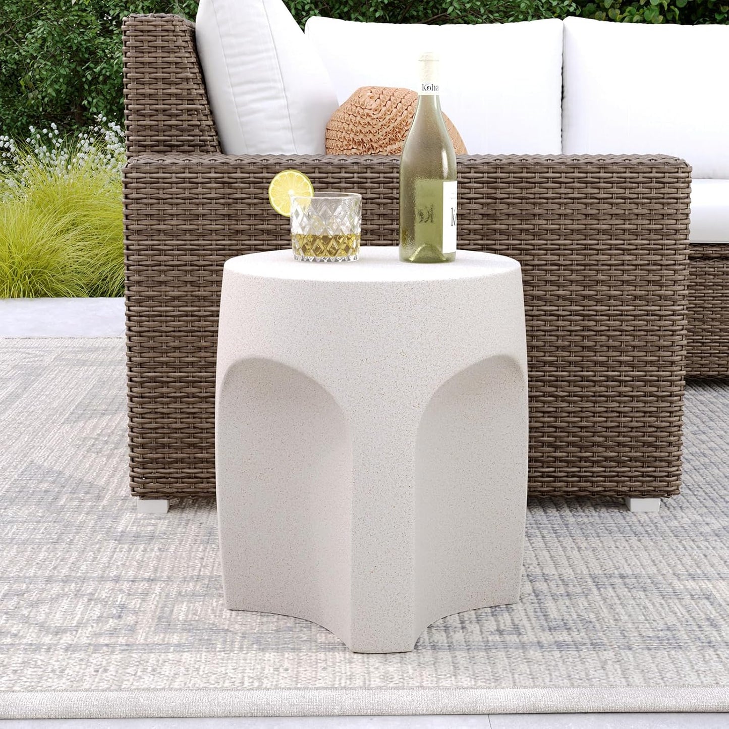 COSIEST Concrete Side Table Drum Shape,17''H Outdoor Side Table, Patio Accent Table Cement End Tables, Garden Decorative Stool, Plant Stand Drum Table, Spotted White