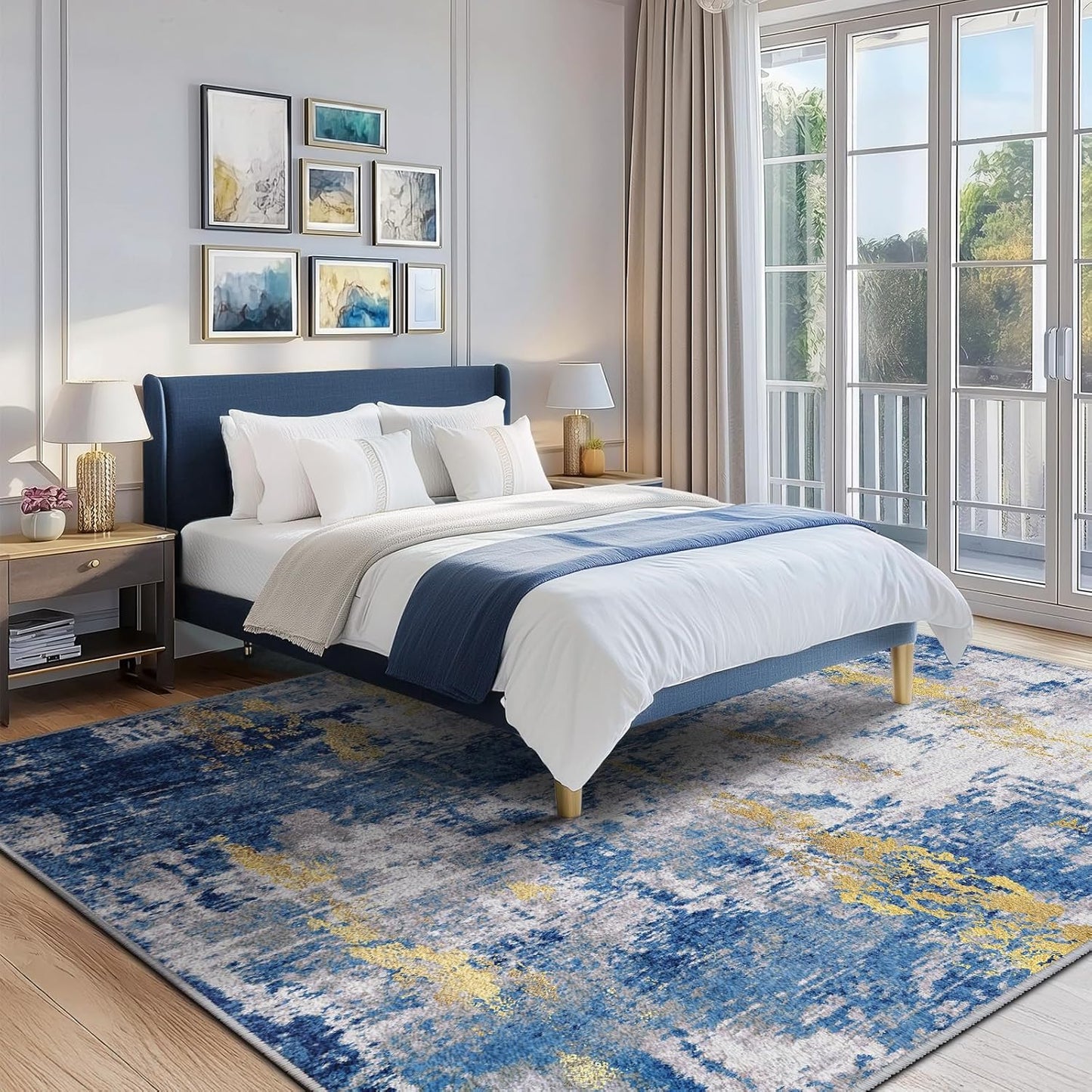 Washable Area Rugs 5'x7' Non-Slip Modern Abstract Soft for Living Room Entryway Bedroom Nursery, Print Pattern, Grey Blue Gold/Golden