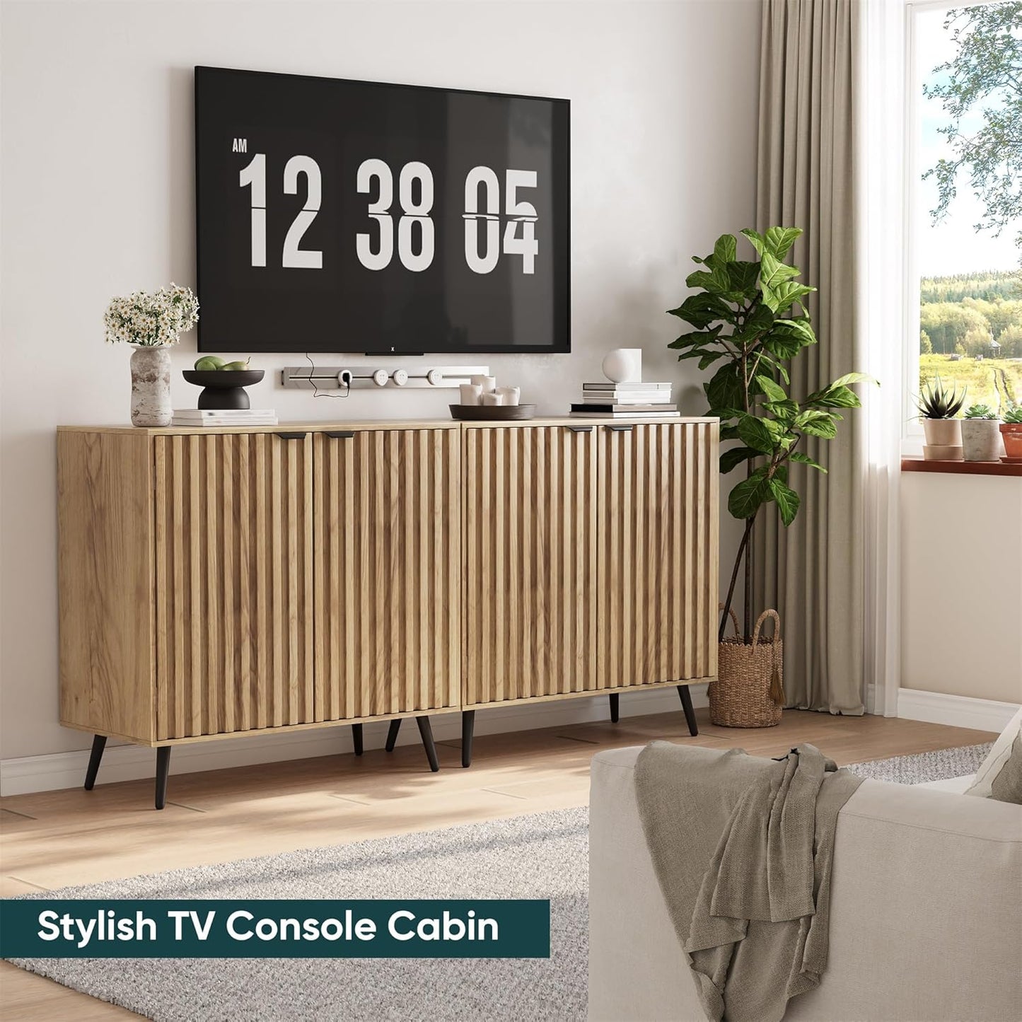 Semiocthome Buffet Cabinet with Storage, Sideboard Cabinet with Fluted Doors and Metal Legs, Storage Cabinet with Adjustable Shelf, Accent Table for Living Room, Kitchen, Entryway - Natural