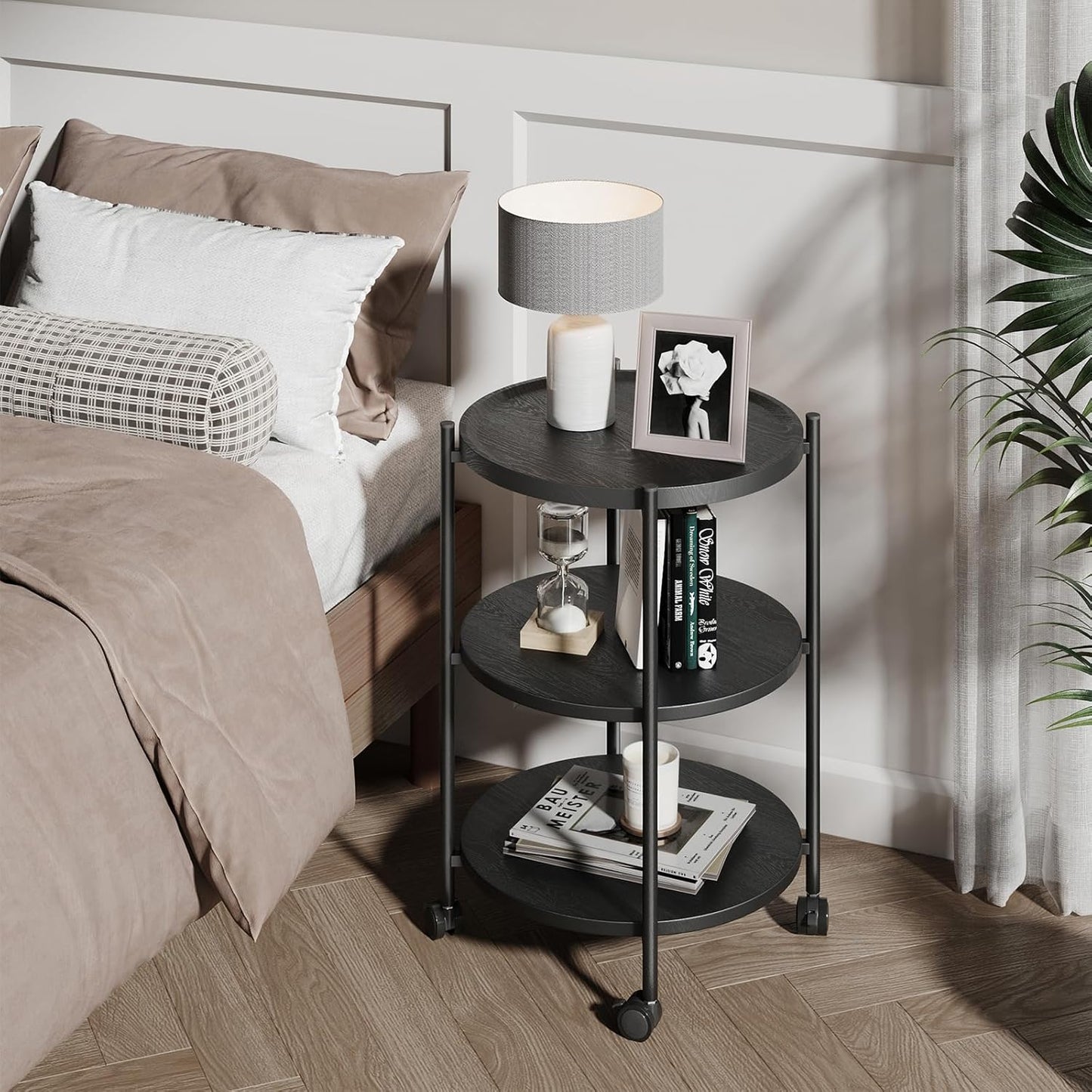 Side Table, 3-Tier Modern End Table with Wheels, Small Round Nightstand Bedside Table for Living Room, Bedroom, or Small Spaces-Black