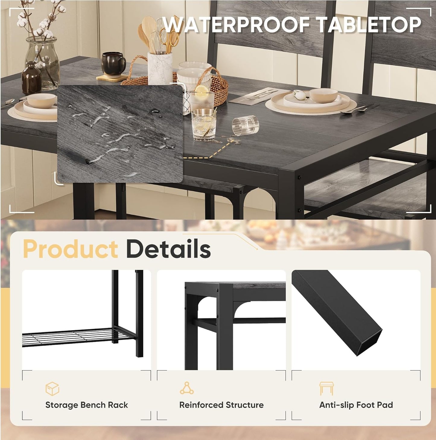 Shahoo Kitchen Table and 2 Chairs for 4 with Bench, 4 Piece Dining Sets for Small Space, Grey Wash