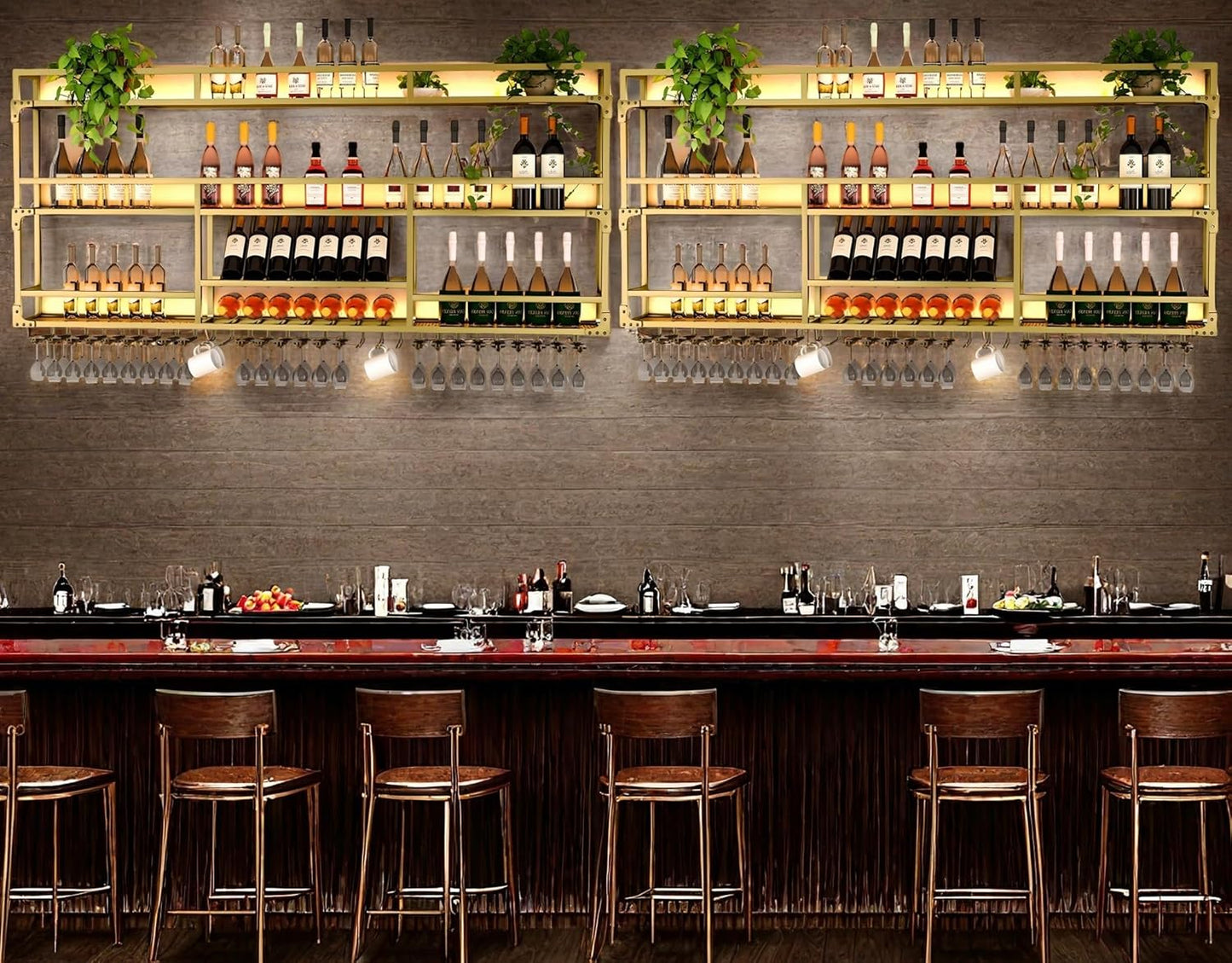 Metal Wall-Mounted Wine Rack with LED Light - 3 Tier Wine Storage Display Rack with Glass Holder - Space-Saving Bottle Display Shelf for Home Bars, Dining Rooms(Gold, 31in/80cm)