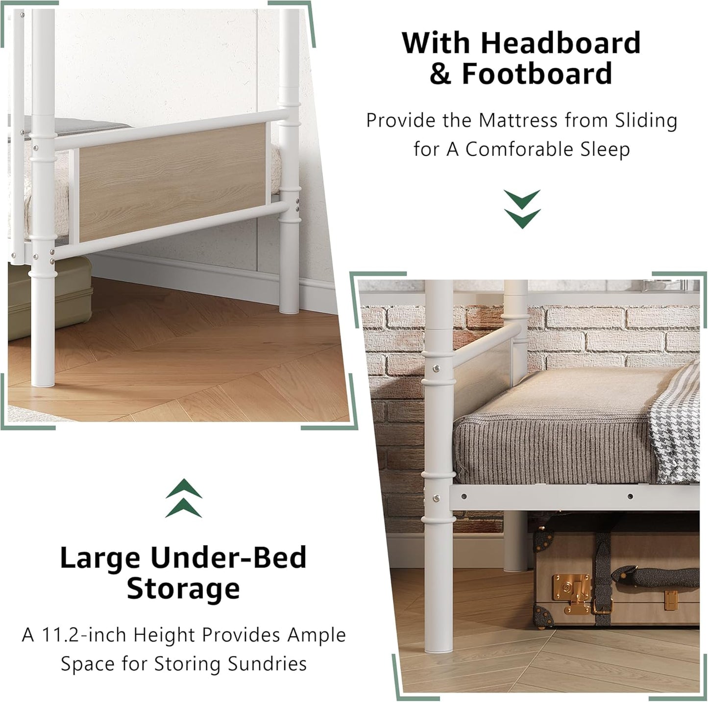 Metal Bunk Bed Twin Over Twin, Industrial Bunkbeds Heavy Duty Bed with Safety Guard Rails and Space-Saving Design, Steel Bed for School, Bedroom (White)