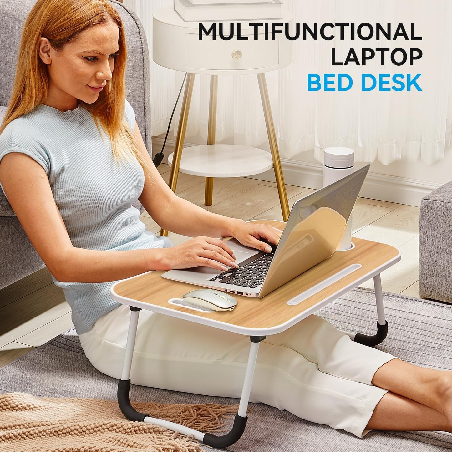 BUYIFY Folding Lap Desk, 23 Inch Portable Wood Yellow Laptop Bed Desk Lap Desk with Cup Holder, for Working Reading Writing, Eating, Watching Movies for Bed Sofa Couch Floor