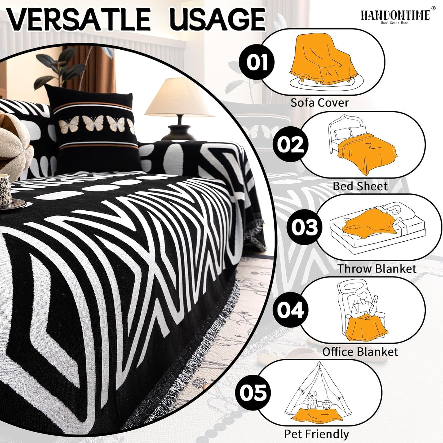 HANDONTIME Boho Couch Cover Blanket Geometric Striped Pet Covers for Couches and Sofas Black and White Dog Cover for Couch Pet Friendly Chenille Sectional Sofa Covers for Pets Washable, 71" X 150"