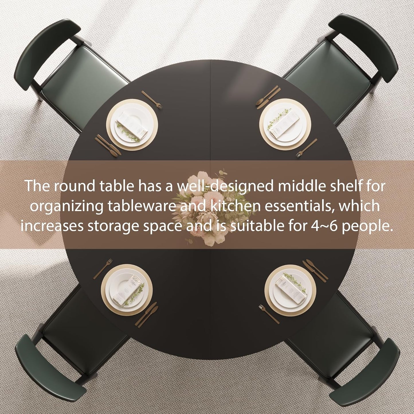 GarveeHome Round Dining Table for 4-6, 47.2" Farmhouse Kitchen Table with Storage, Circle Dinner Tables for Kitchen, Dining Room, Living Room, Meeting Room, Apartment, Black