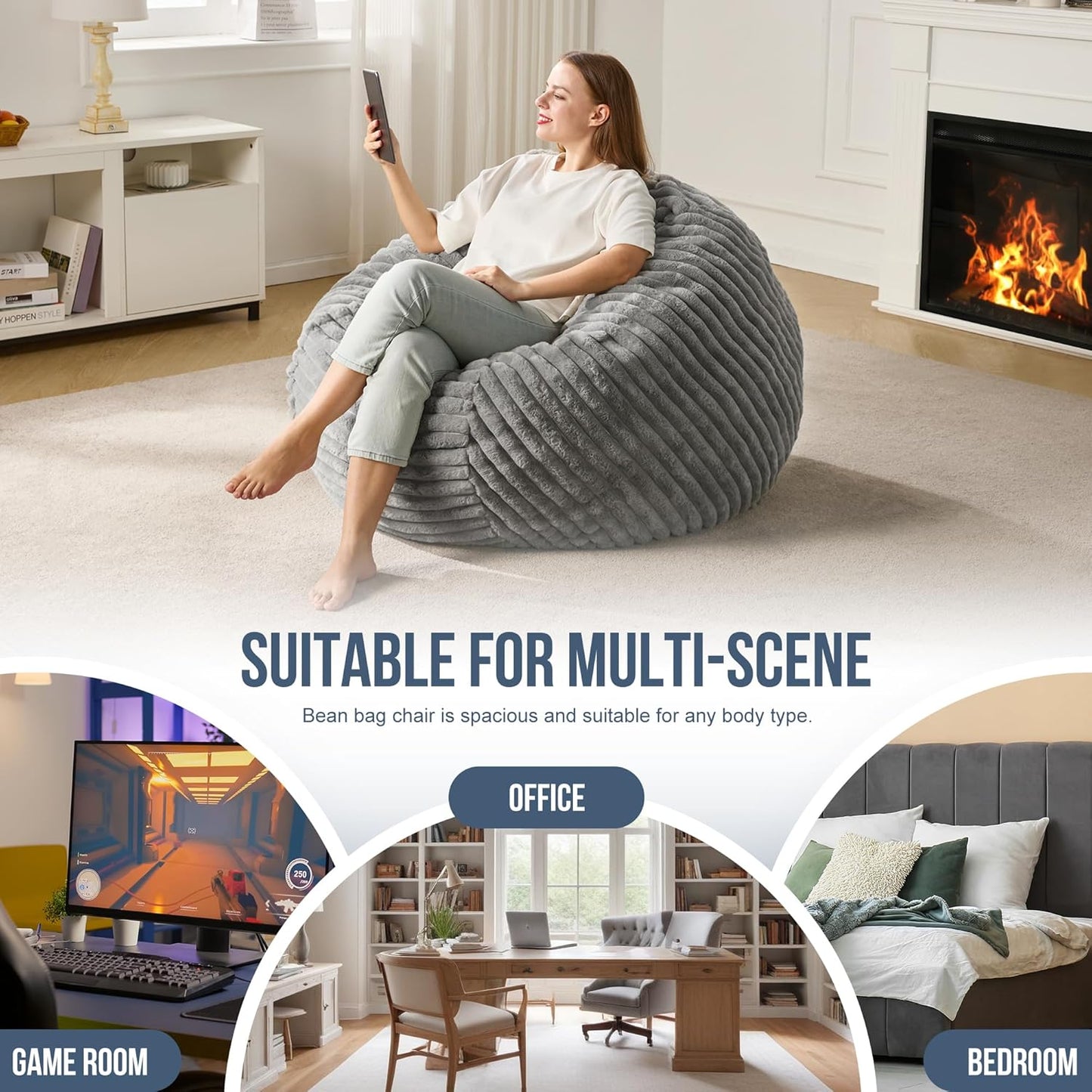 Hobestluk 3ft Bean Bag Chairs for Adults Large Beanbag Chair with Stripe Plush Cover Big Bean Bag Chair for Living Room Bedroom Dorm Office - Grey (36” x 36” x 22”)