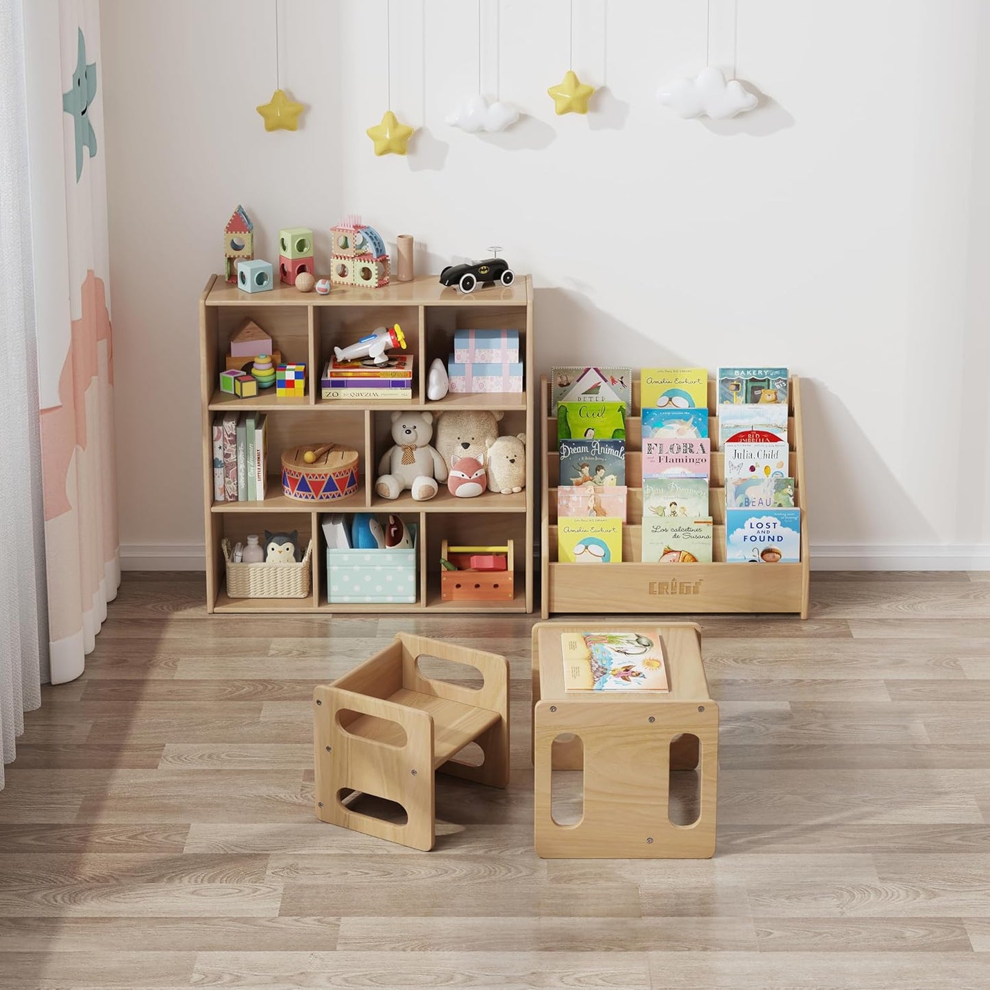 3-Tier Montessori Solid Wood Shelves Toy Organizers and Storage,8-Compartment Storage Cabinet with 4 Wheels,for Toddler Kids Room,Playroom,Classroom,Nursery,Kindergarten