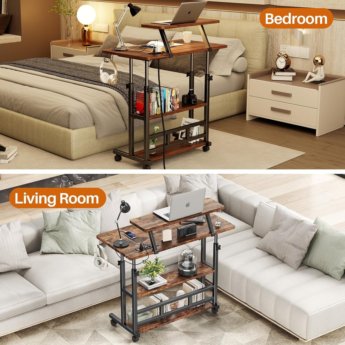 Adjustable Height Standing Desk with Power Outlets, Rolling Stand Up Desk with Monitor Stand and Storage Shelves, 31.5" Small Mobile Computer Desk, Portable Laptop Table (Retro Brown)