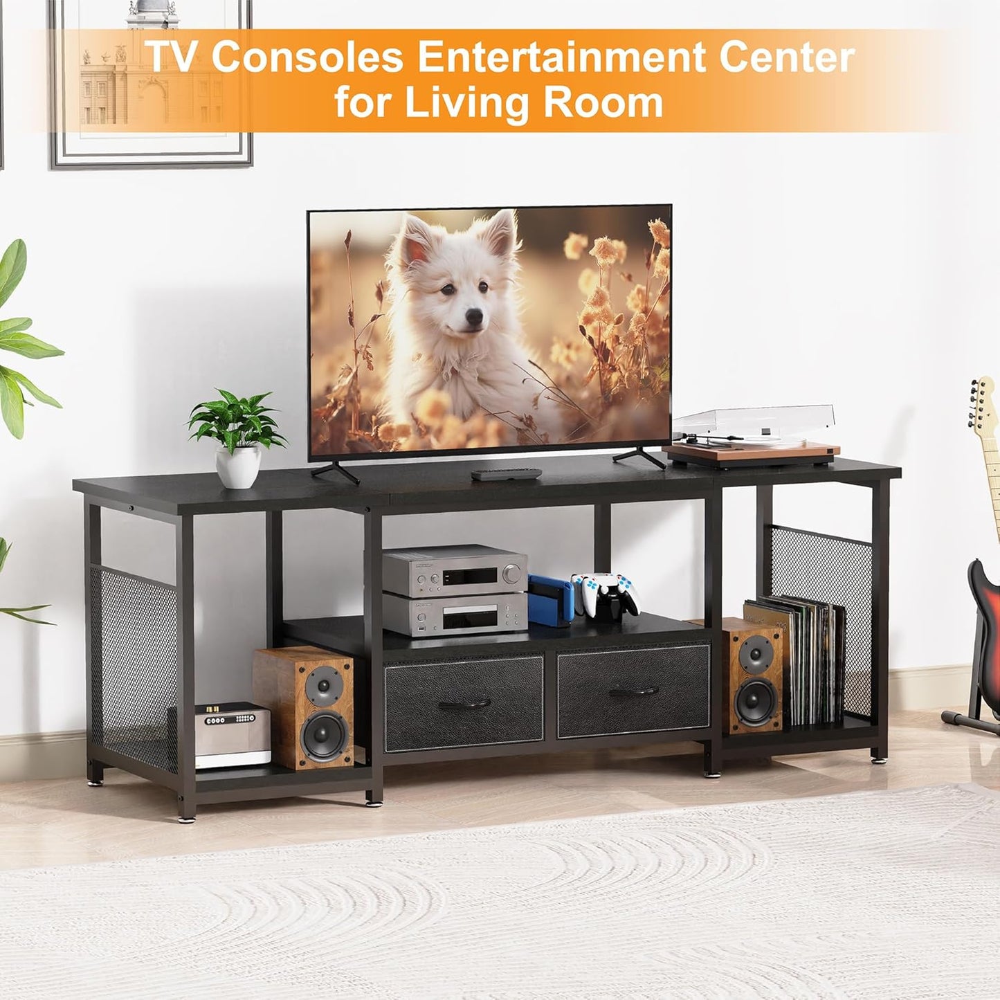 TV Stand with Drawers and Open Storage Shelves for 75 70 65 Inch TV, Entertainment Center with Open Storage Shelves, Industrial Media TV Console Table for Living Room Bedroom Office, Black