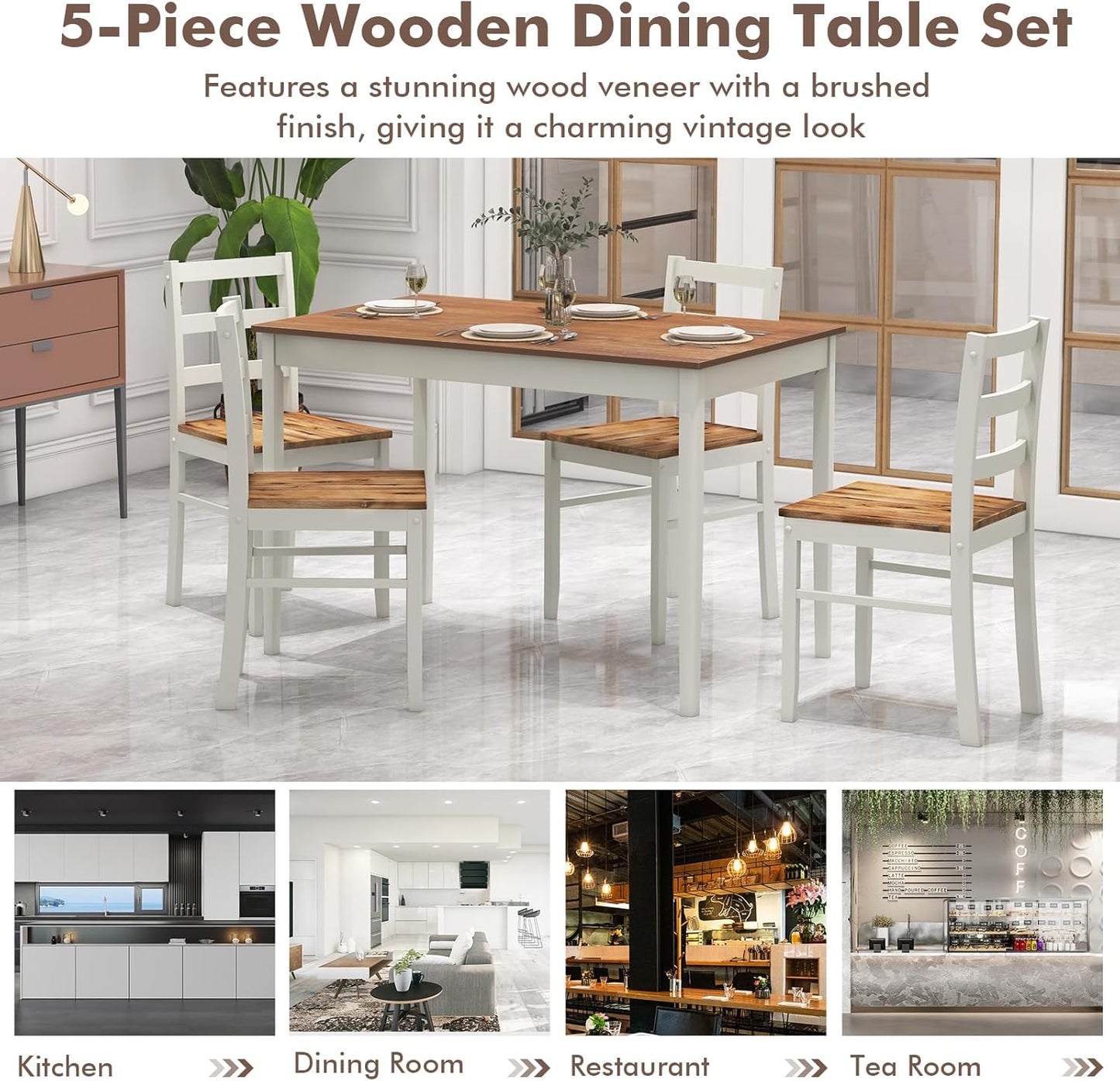 Giantex 5-Piece Dining Set for 4, Solid Wood Rectangular Table & 4 Chairs wtih Rubber Wood Legs, Kitchen Table and Chairs Set for Small Spaces Dinette Dining Room Restaurant (Rustic Brown)