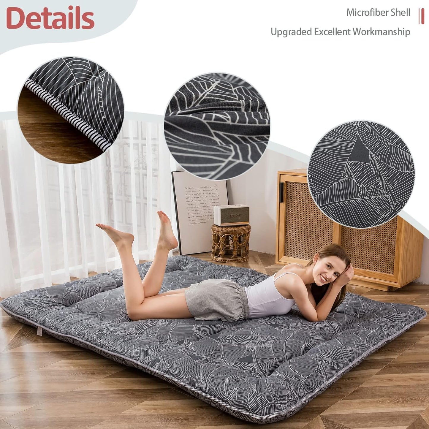 MAXYOYO Japanese Floor Mattress Futon Mattress, 4" Thicken Tatami Mat Sleeping Pad Foldable Roll Up Mat Boys Girls Dormitory Pad Kids Floor Lounger Pillow Bed, Charcoal Grey, Queen Size