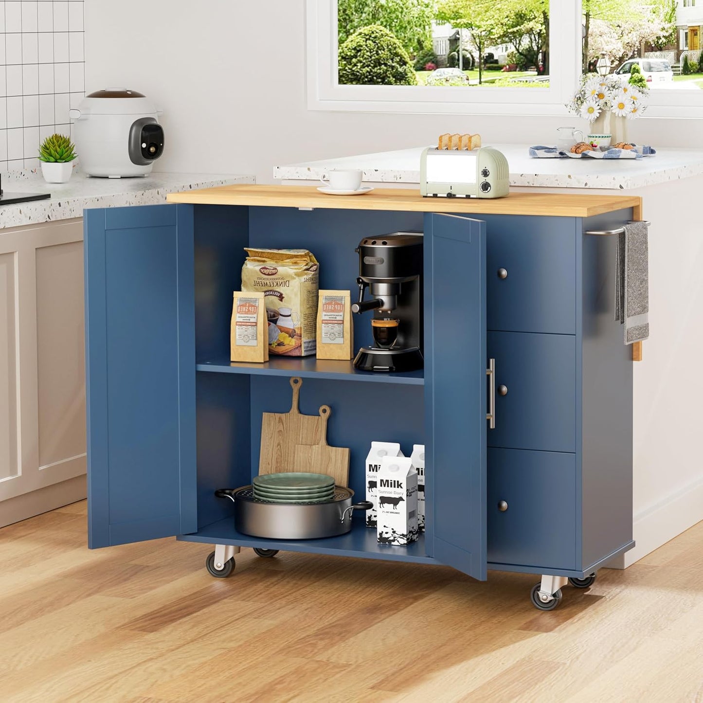 Shintenchi Kitchen Island with Folding Drop Leaf, Rolling Island Table with Storage, Kitchen Cabinet on Wheels with Seating Area for Kitchen, Bar Cart with Cabinet, Blue