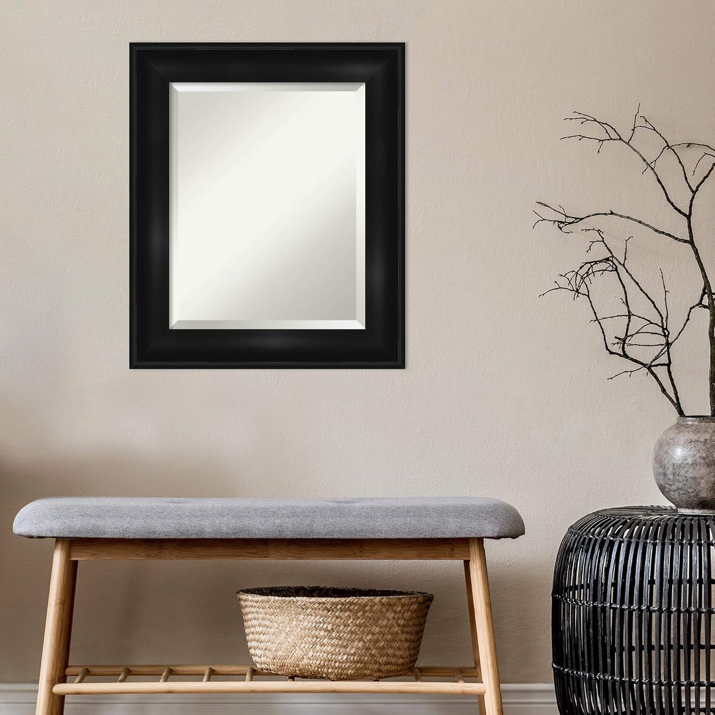 Amanti Art Black Bathroom Mirror for Over Sink, 26x22 Grand Black Rectangle Vanity Mirror, Small Casual Frame, Hangs Horizonally and Vertically, Bathroom Wall Decor, Beveled Edge