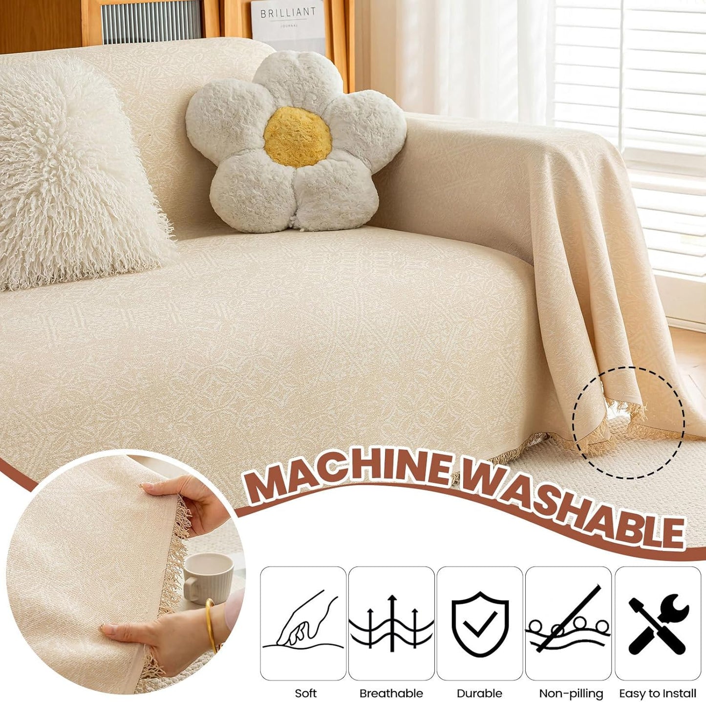 STACYPIK Thick Beige Jacquard Floral Couch Cover for Dogs, Washable Boho Couch Covers, Non Slip Couch Sofa Cover, Couch Cover 3 Cushion Sofa with Tassels, Furniture Protector for Living Room-71X134IN