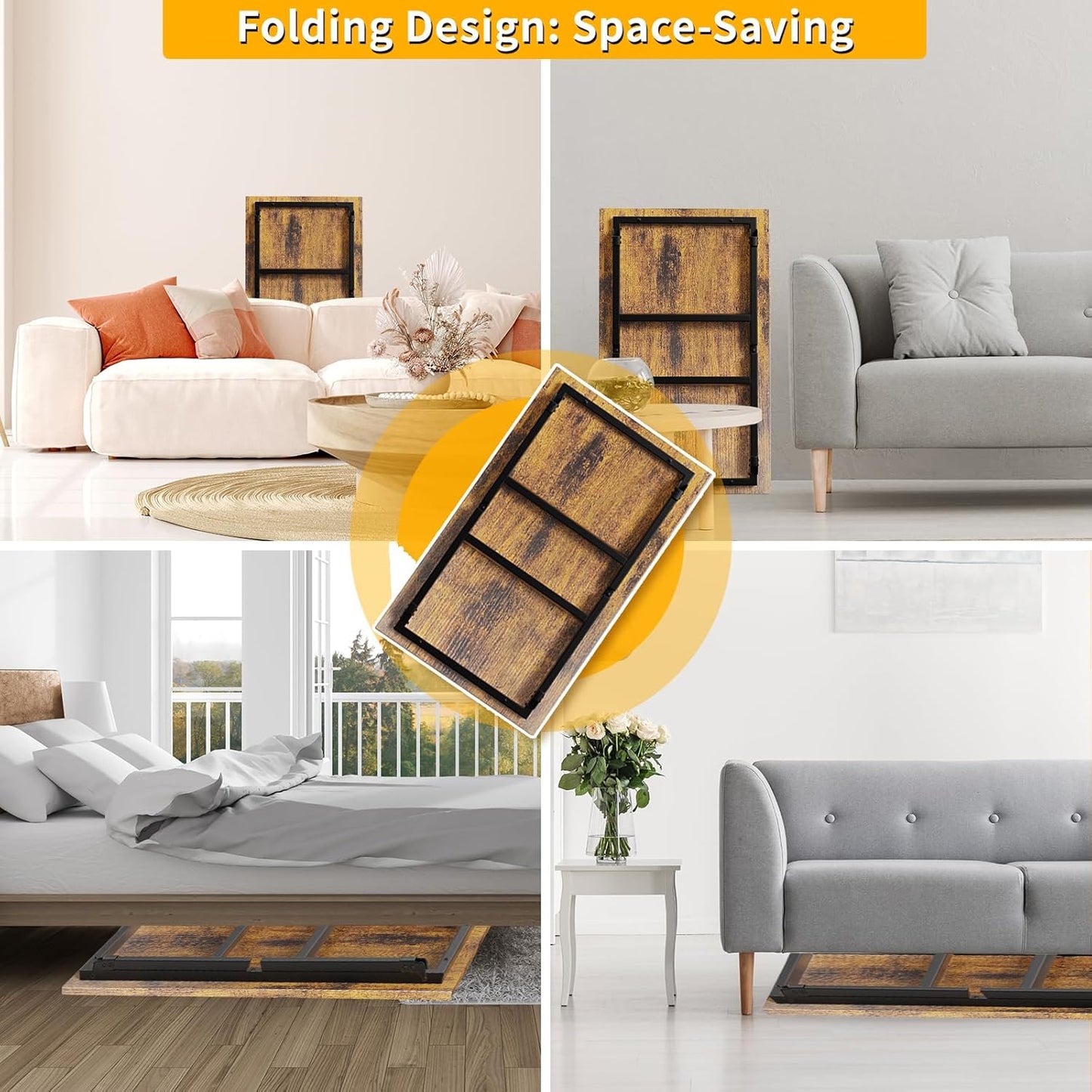 Folding Coffee Table, Portable Wood Low Table with Metal Legs, No Assembly Required, Small Foldable Floor Desk for Living Room/Tea Room/Small Spaces (39.4in x 23.6in x 15.8in) (Rustic Brown)