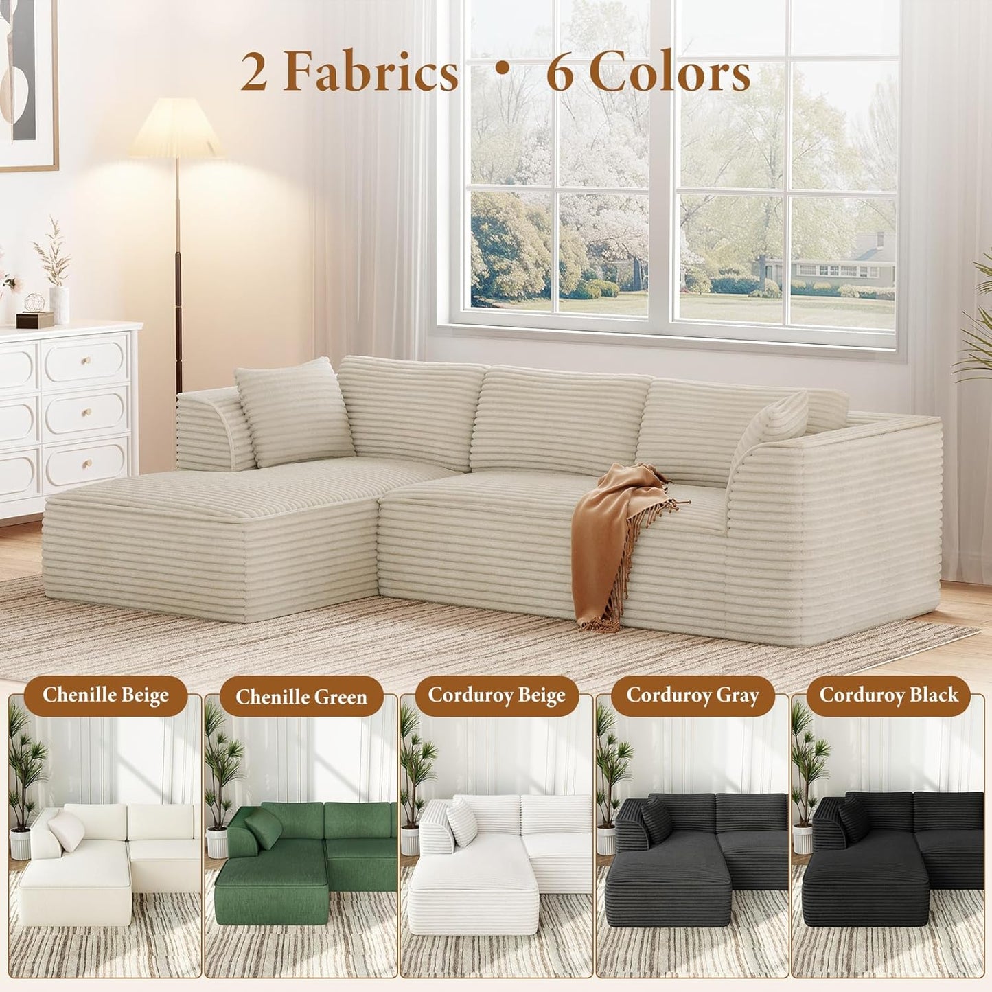 Vesgantti 106" Boneless Couch with Chaise, Deep Seat Comfy Cloud Modular Sofa Corduroy Memory Foam Sectional Couches for Living Room Bedroom, No Assembly Required (Camel, Left-Facing Chaise)