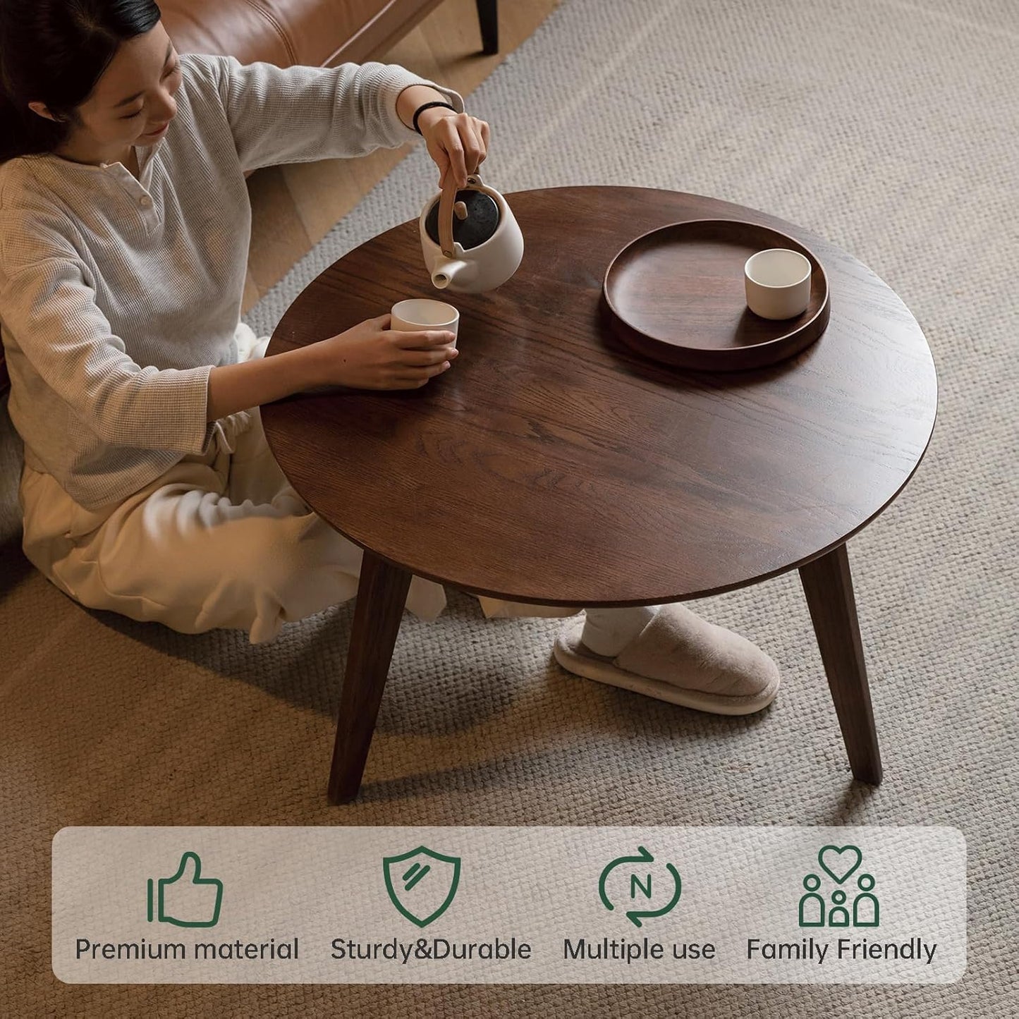 100% Solid Oak Wood Coffee Table Set, Round Coffee Table Combo Side Table w/Solid Wood Legs, Mid Century Table Sturdy Tables for Bedroom Balcony Living Room (Walnut, Small-Medium Combo)