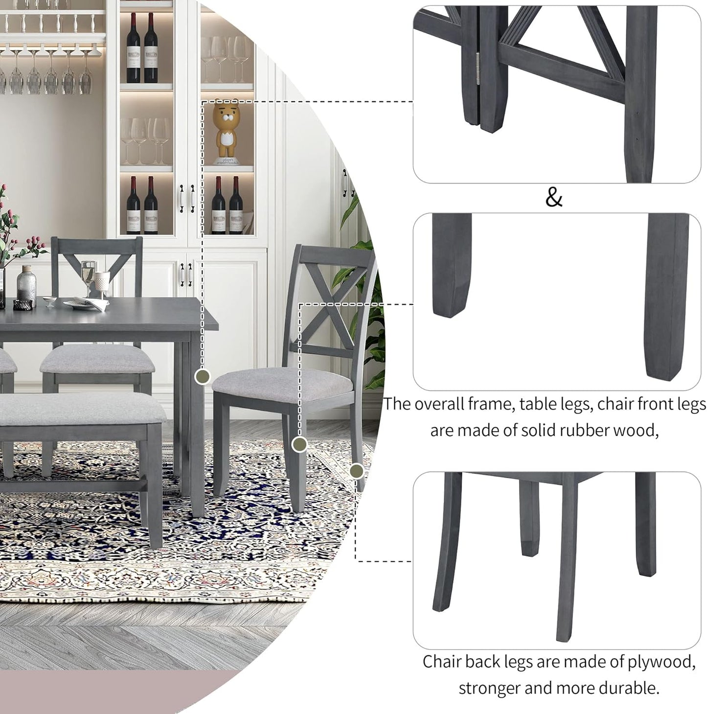 Ball & Cast 6-Piece Dining Table Set, 60" Wood Dining Kitchen Table & Chairs Set, Rectangular Dining Room Foldable Table with 4 Upholstered Chairs & 1 Bench,Perfect for Dining Room, Kitchen, Gray