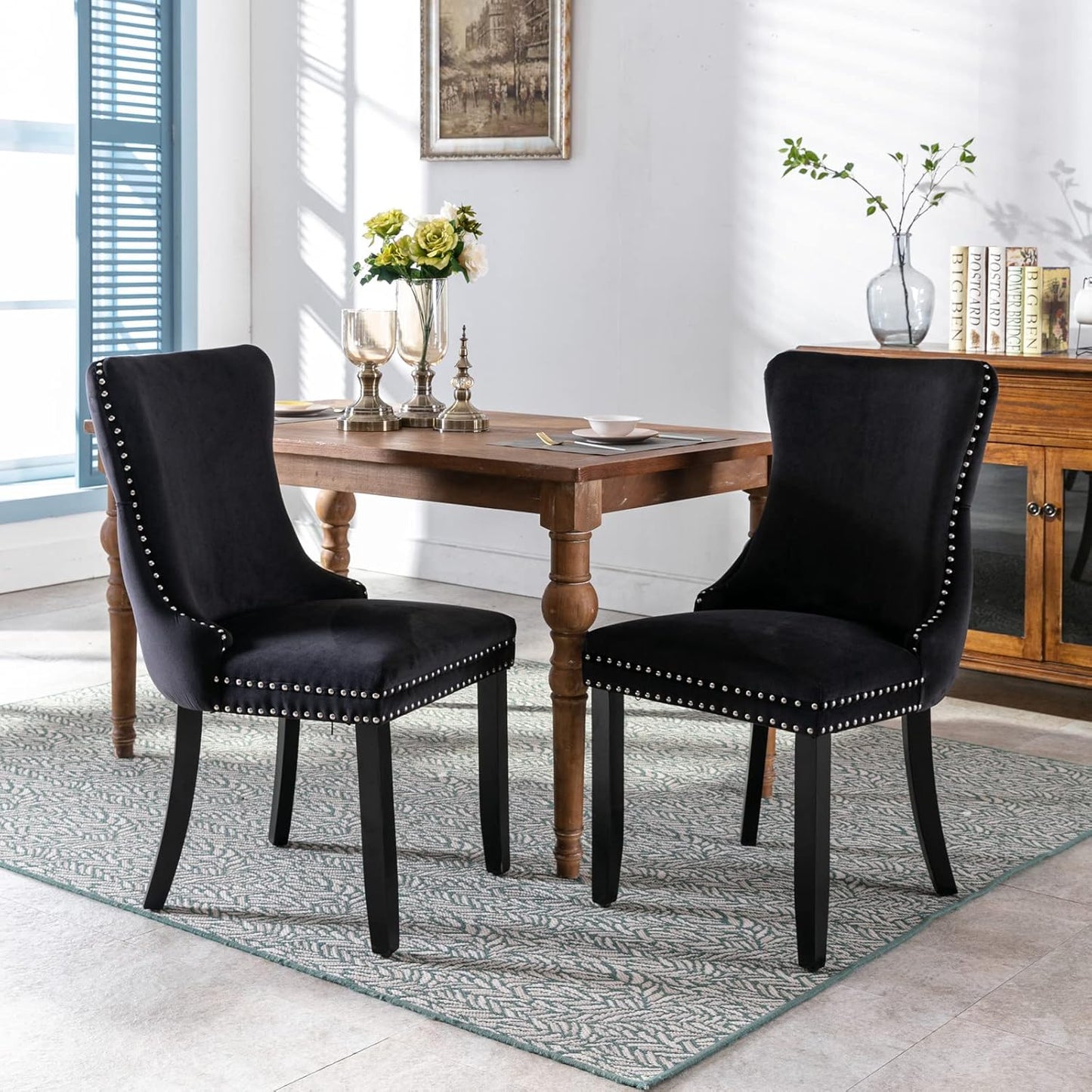 Acosure Set of 2 Velvet Upholstered Wing-Back Dining Chair with Backstitching Nailhead Trim,Exquisite Furniture Stoo W/Wood Legs,for Kitchen,Sitting Room,Black