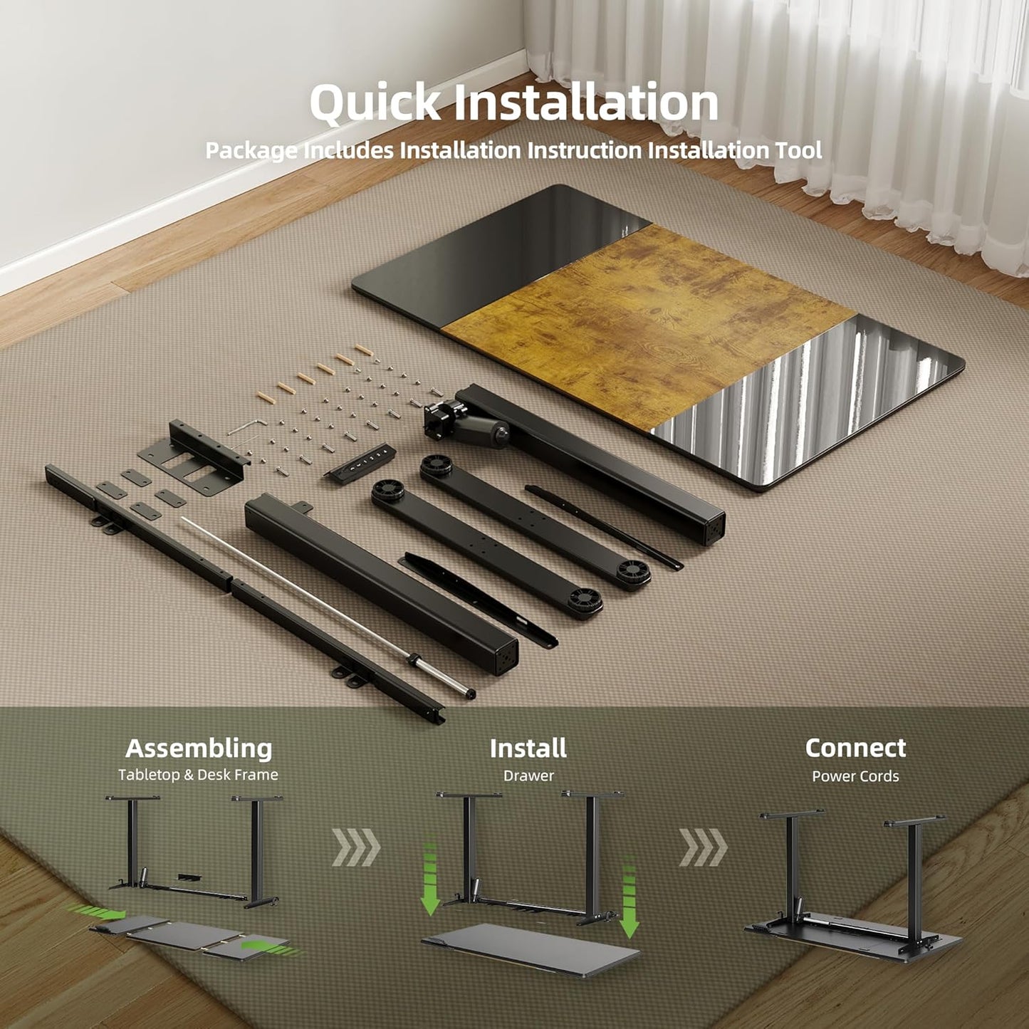 INNOVAR Glass Standing Desk, 48 x 24 Inches Height-Adjustable Desk, Tempered Glass and Wooden Top, Quick Install Home Office Stand Up Desk with 4 Presets, Black Glass and Brown Wood
