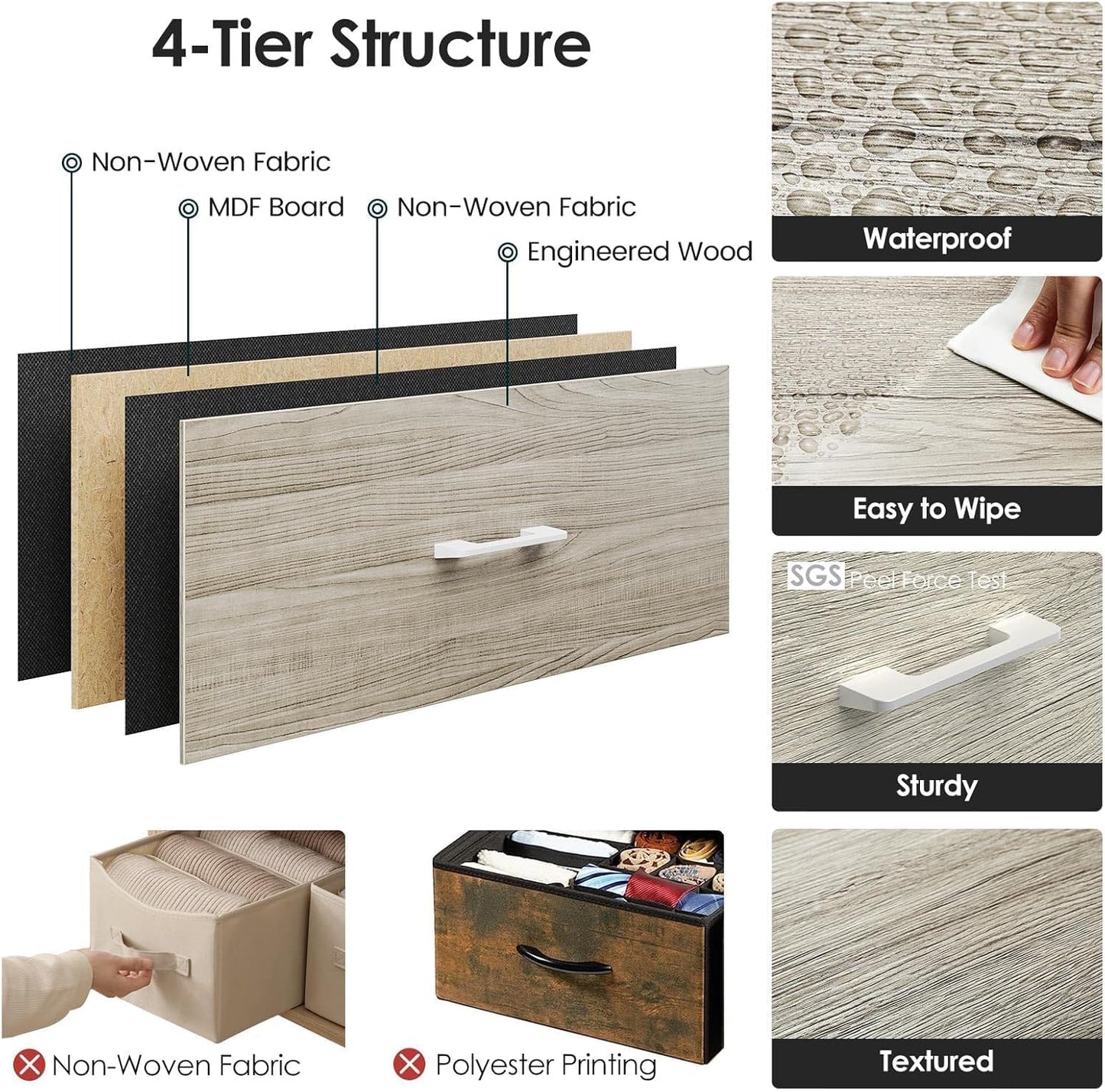 Nightstand, End Table, Bedside Table, Tall Fabric Dresser with 3 Drawer, White Drawers Small Chests of Drawers Organizer Storage Tower with Steel Frame, Wooden Top & Front for Bedroom