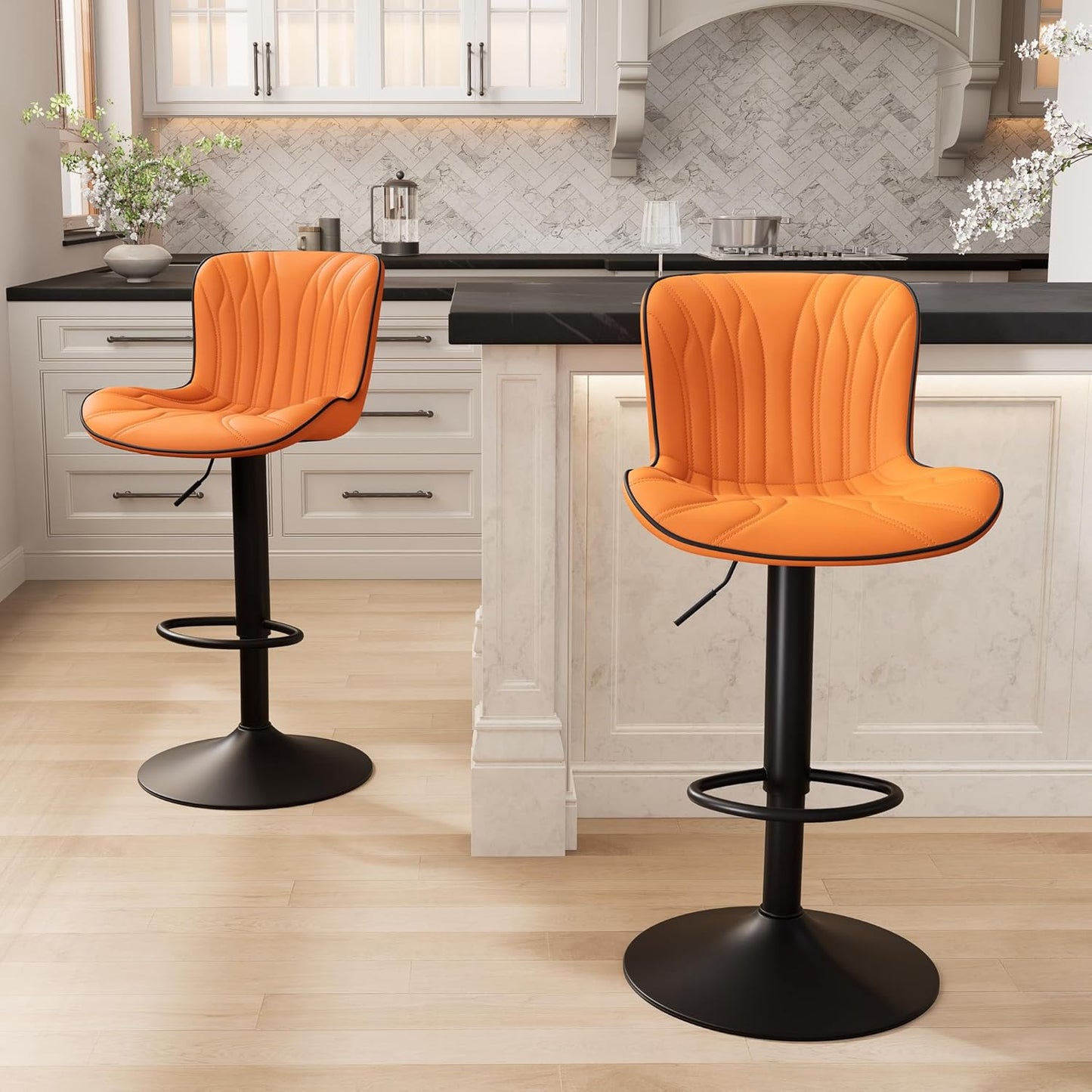 YOUNIKE Orange Bar Stools Set of 2 Faux Leather Upholstered Counter Height Barstools Swivel Modern Kitchen Bar Chairs with High Backs Adjustable Tall sillas para barra de cocina for Breakfast Island