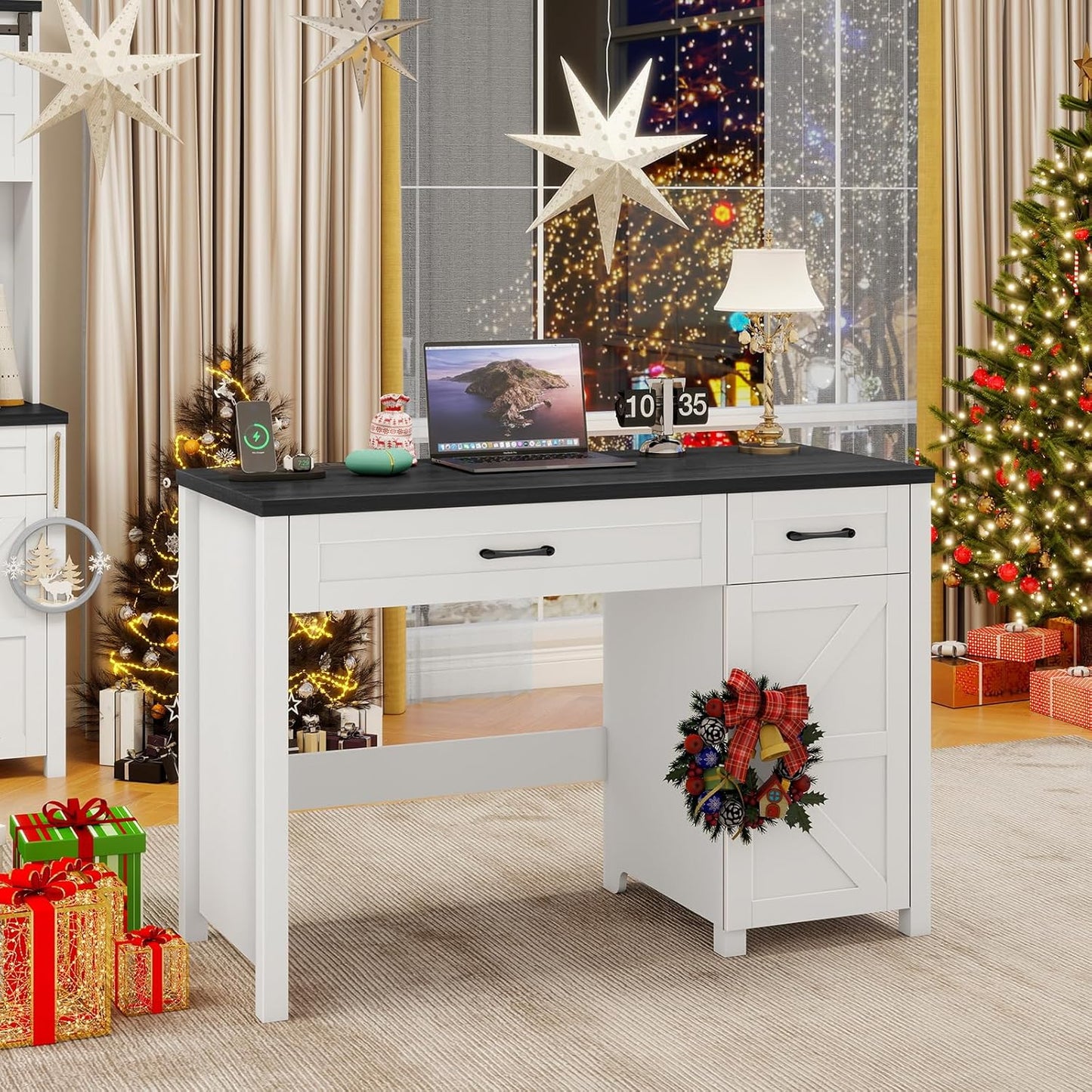 Farmhouse 47" Executive Desk, Computer Desk with Drawers and Storage Cabinet, Workstation Computer Desk for Home Office and Study.(Black)