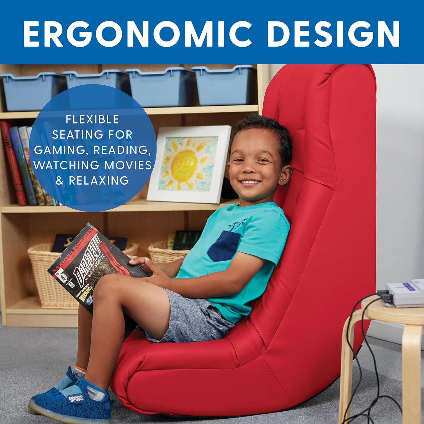 Factory Direct Partners Soft Tufted Floor Rocker - Cushioned Ground Chair for Kids Teens and Adults - Great for Reading, Gaming, Meditating, TV - Red, 10488-RD