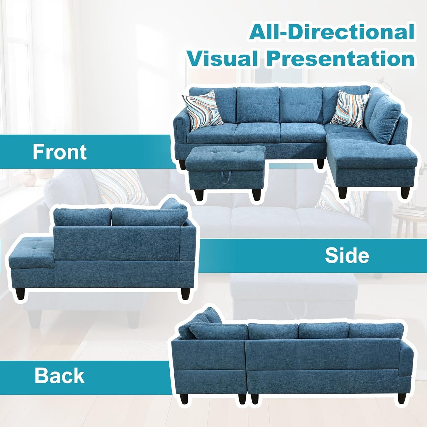 Couches for Living Room Modern L Shaped Couch Comfy Flannel Fabric 3 Pieces Sectional Sofa with Chaise, Ottoman with Storage for Office and Small Apartment, Blue