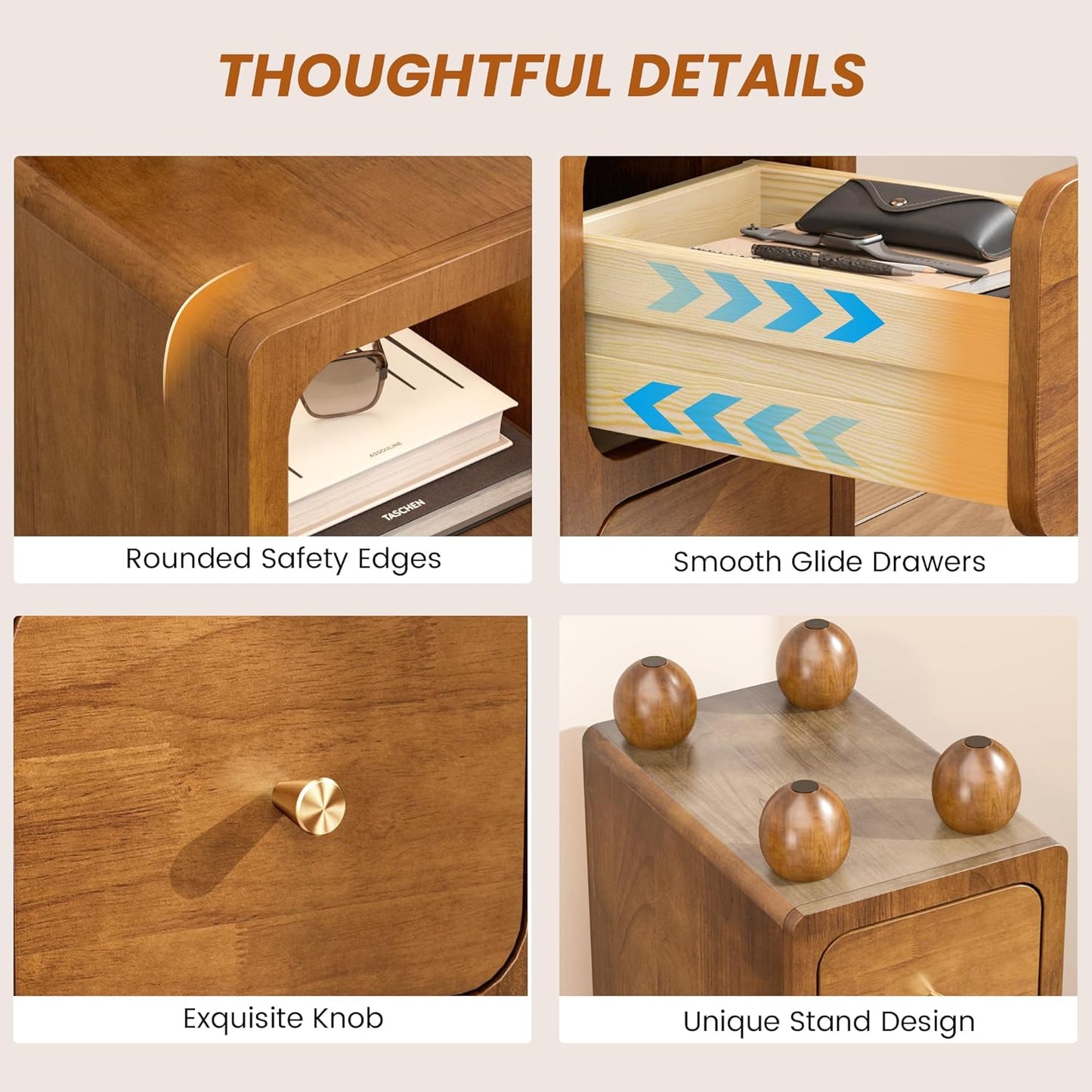 Small Nightstand, Narrow Tall Beside Table with 2 Drawers and Open Shelf, Walnut Solid Wood Night Stand, Mid Century Modern Nightstand for Bedroom (10 inch)