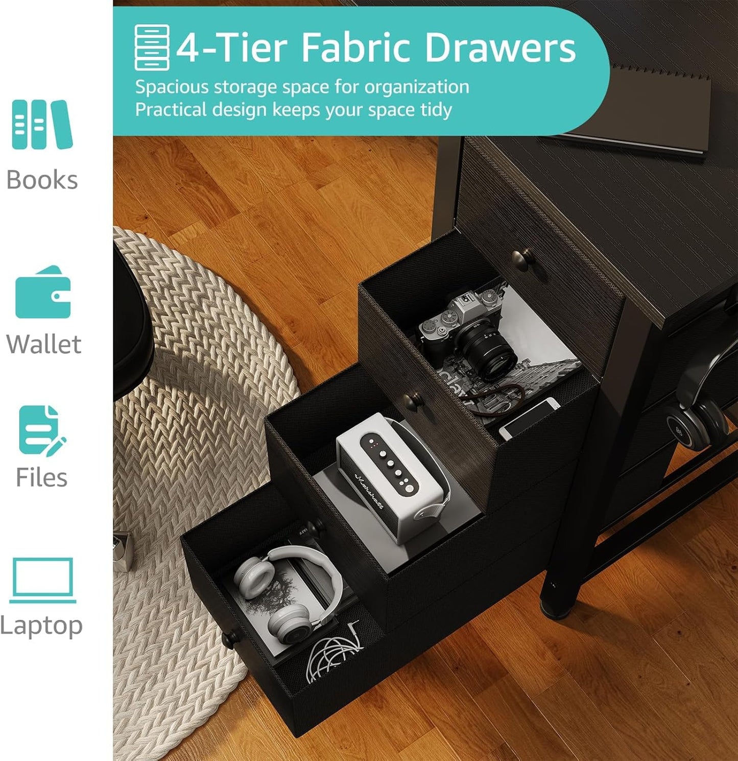 Lufeiya Gaming Desk with 4 Fabric Drawers & Storage Shelves, 63 inch Computer Writing Work Study Desk for Home Office Bedroom, Modern Simple Student PC Desks Table, Black