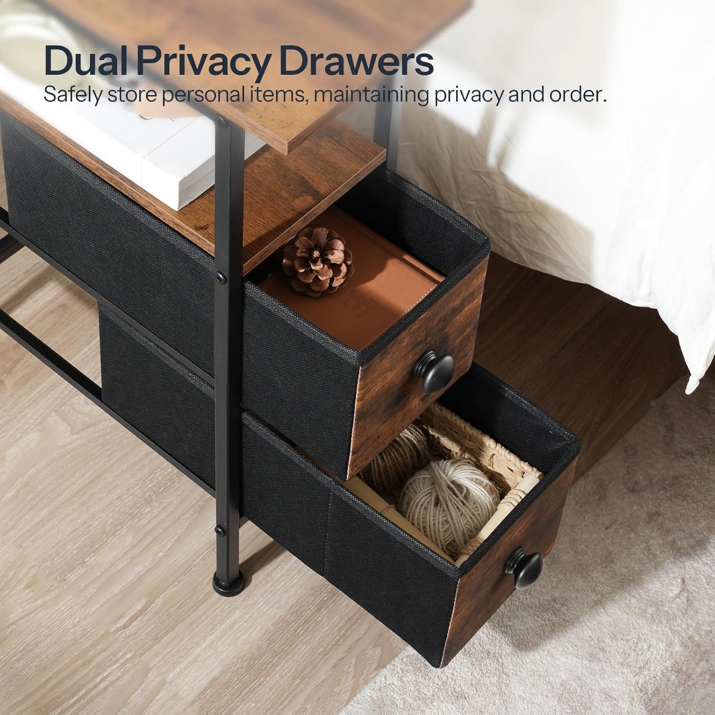 HOOBRO End Table with Charging Station, Narrow Side Table with 2 Fabric Drawers, Skinny Nightstand with Storage, Slim Bedside Table for Living Room, Small Spaces, Rustic Brown and Black BF487UBZ01