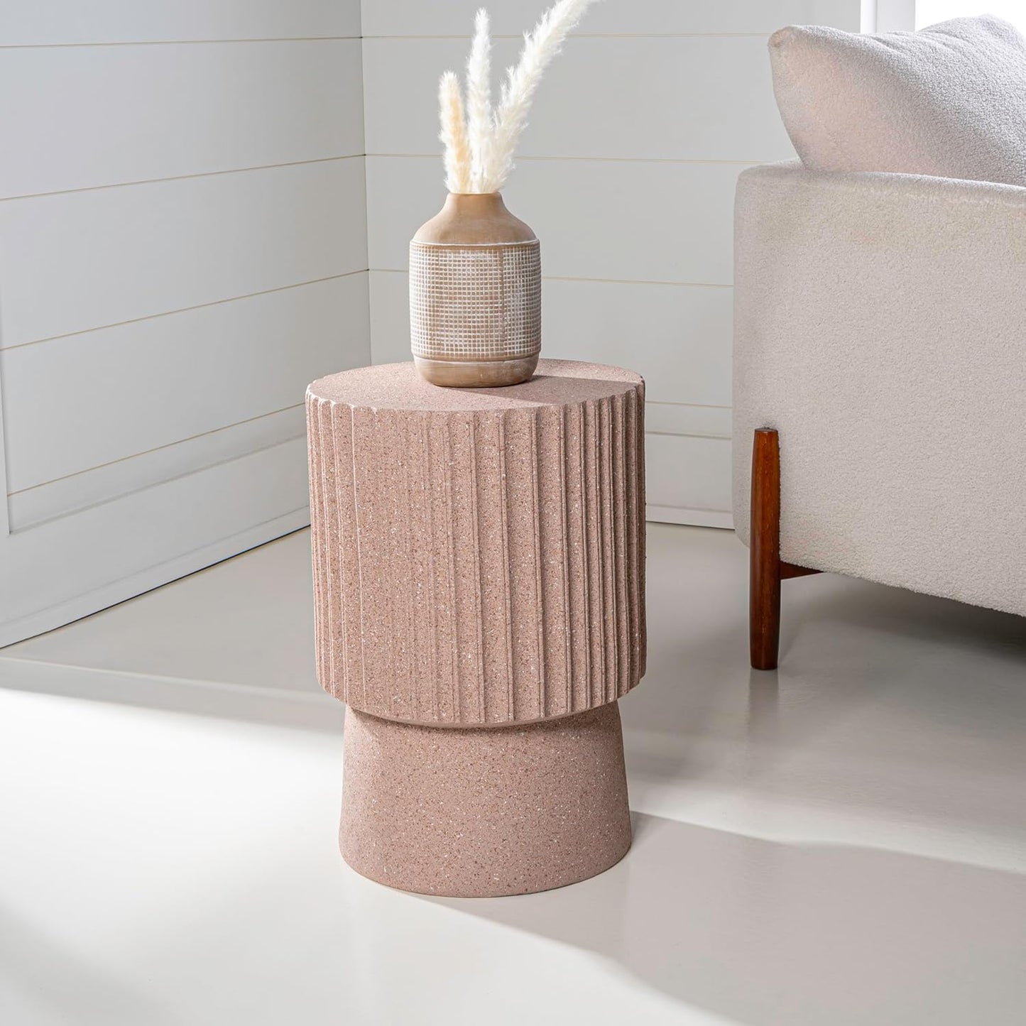 JONATHAN Y TBL1102C Louisa 19" Modern Art Deco Tambour Indoor/Outdoor Accent Table Art Deco, Minimalist, Contemporary, Bohemian, Mid-Century, Patio, Garden, Bathroom, Living Room, Pink Terrazzo Finish