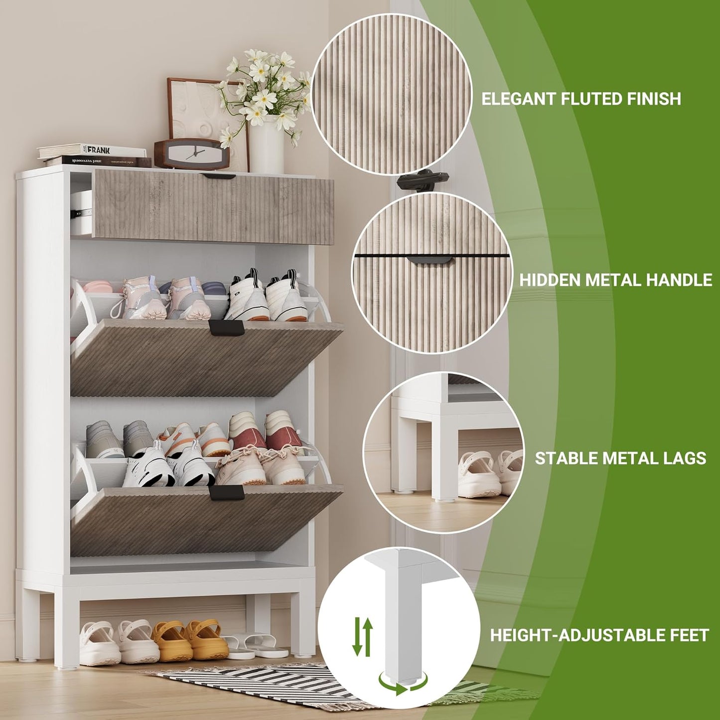 GarveeHome Shoe Storage Cabinet with 2 Flip Drawers, Farmhouse Fluted Shoe Organizer with Metal Legs, Freestanding Hidden Slim Narrow Shoe Rack for Entryway, Foyer, Hallway