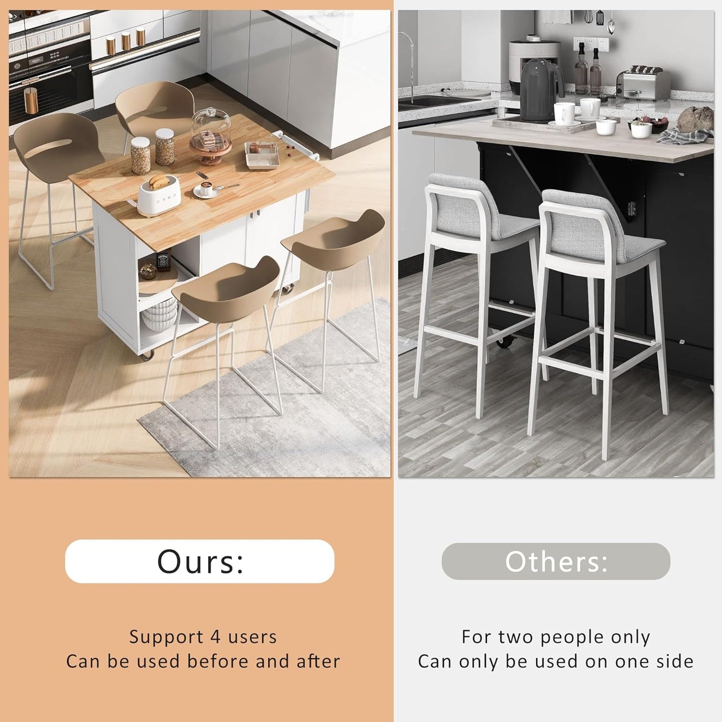 49" Foldable Kitchen Island Cart, White with Slide-Out Shelf, Towel Rack & Drawer, Rolling on Wheels, for Living & Dining Rooms