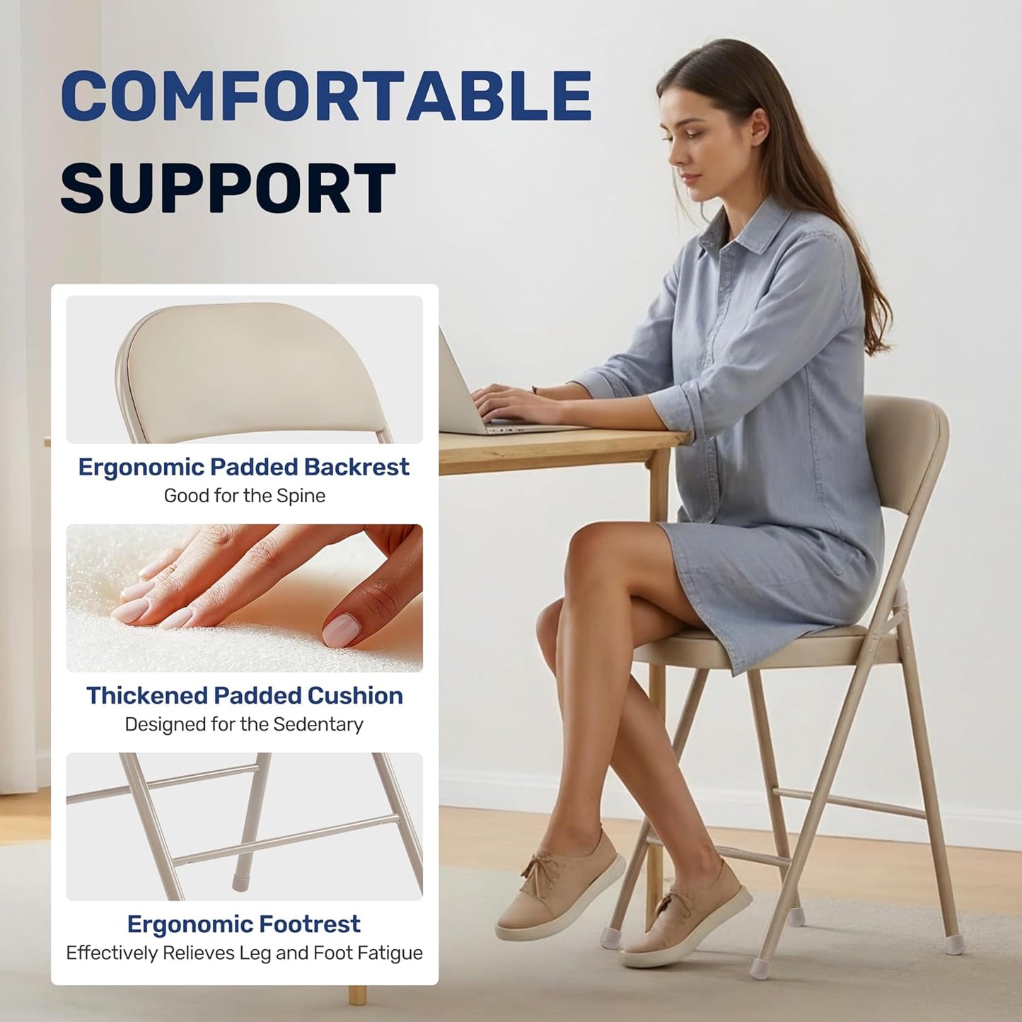 HealSmart 4 Pack Folding Chairs with Leather Padded Cushion Seats & Durable Metal Frame, Comfortable, Foldable, Portable, Commercial Event Seat, Indoor Outdoor for Home, Parties, Office, Kahki