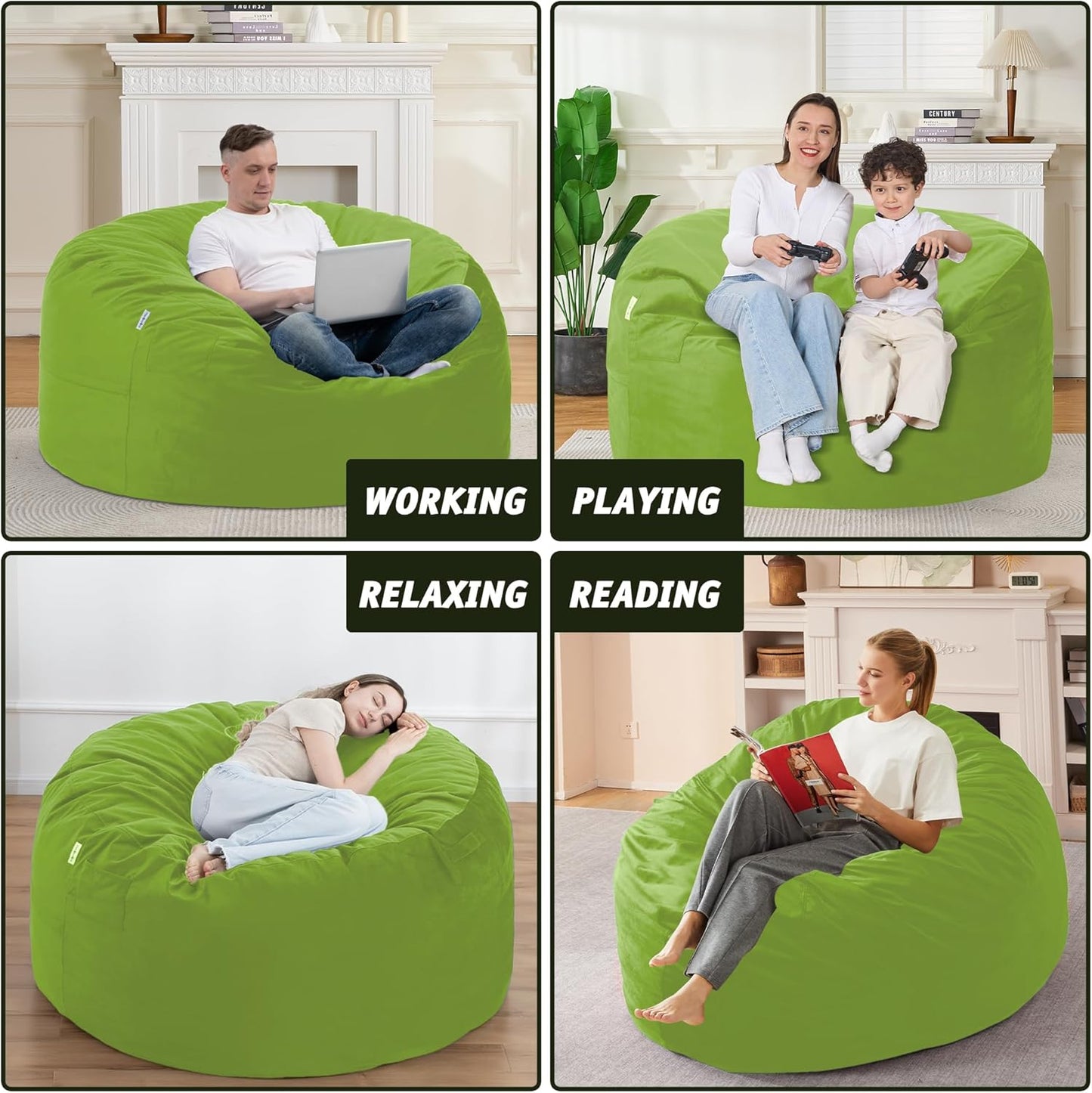 4FT Bean Bag Chair with Ultra Soft Velvet Cover Bean Bag Sofa with Memory Foam Bean Bag Chairs with Large Size Lazy Sofa for Dorm Office Living Room Bedroom Grass Green 4'